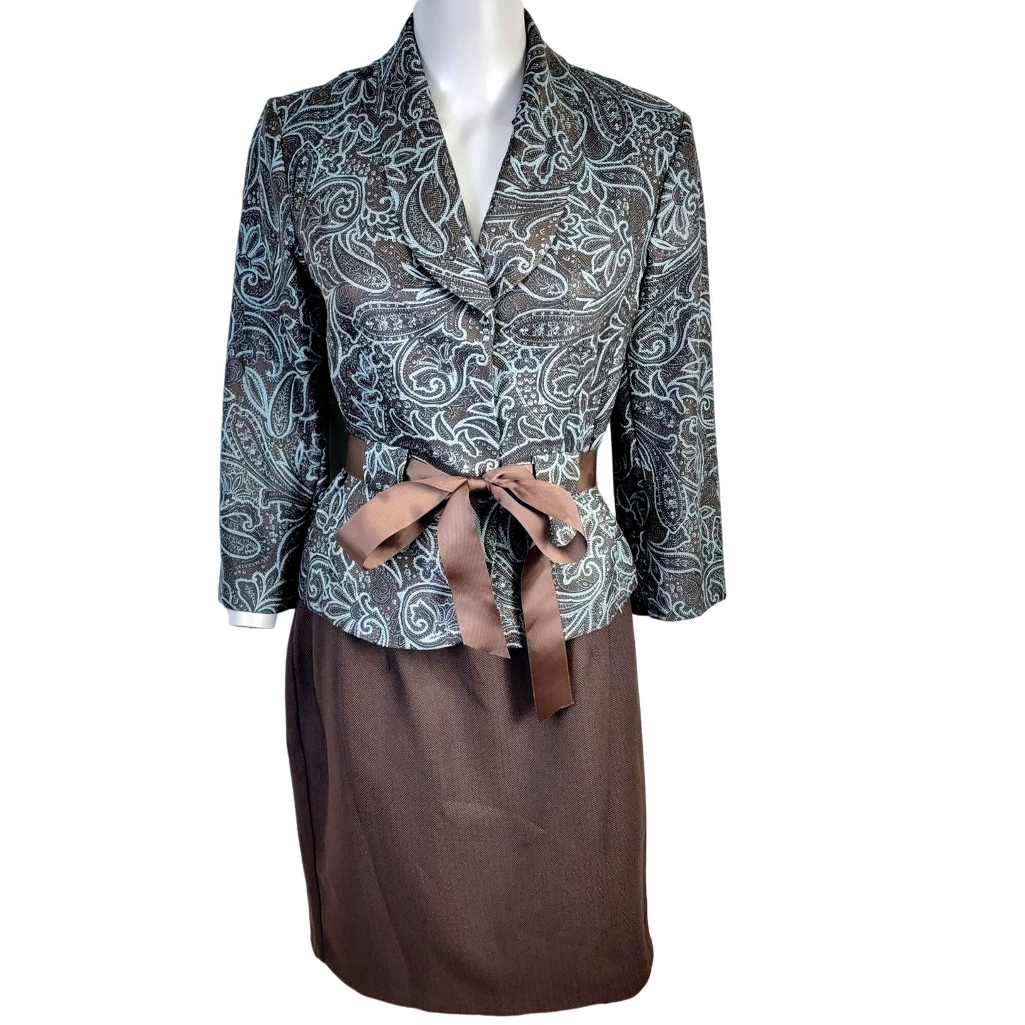 Vintage Y2K Suit Women 8 Blazer Jacket Pencil Skirt Paisley Brown Blue