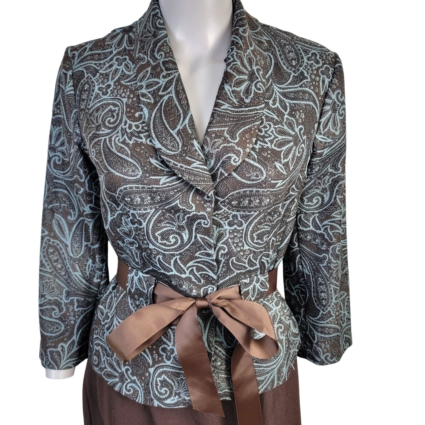 Vintage Y2K Suit Women 8 Blazer Jacket Pencil Skirt Paisley Brown Blue