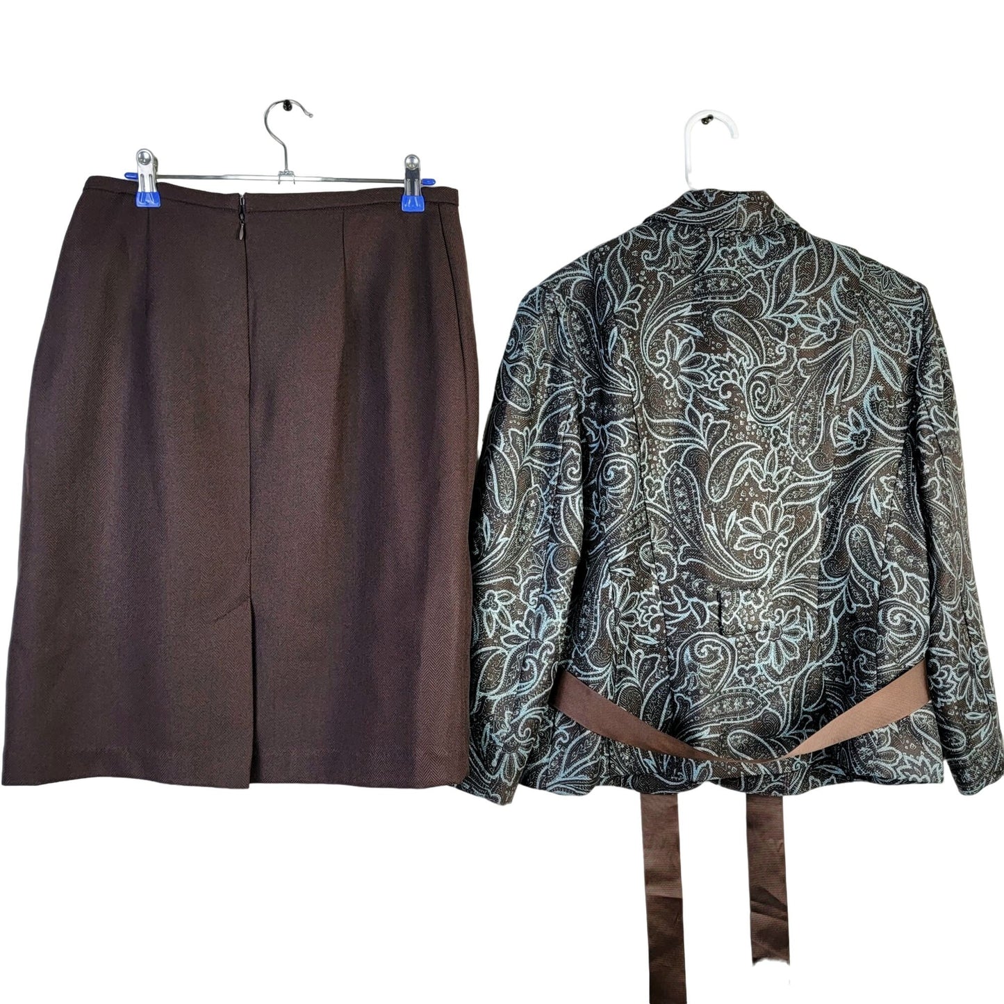 Vintage Y2K Suit Women 8 Blazer Jacket Pencil Skirt Paisley Brown Blue