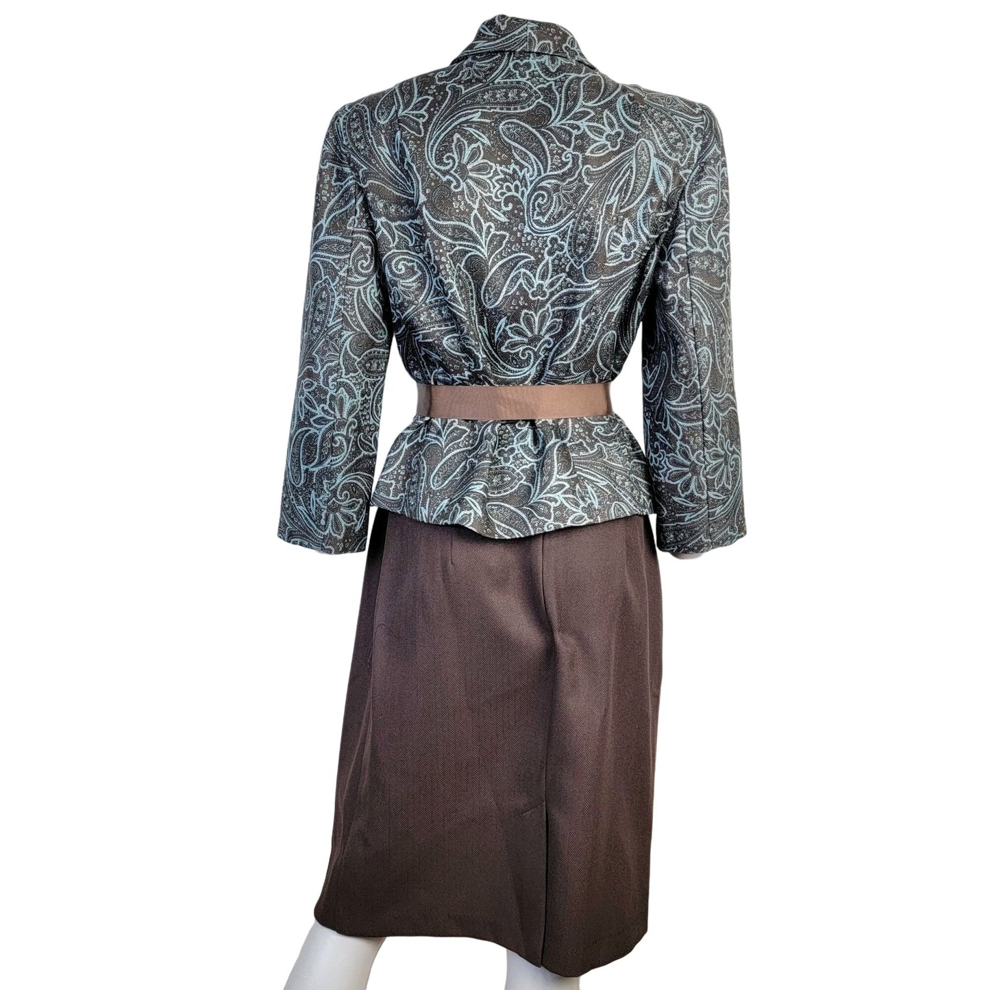 Vintage Y2K Suit Women 8 Blazer Jacket Pencil Skirt Paisley Brown Blue