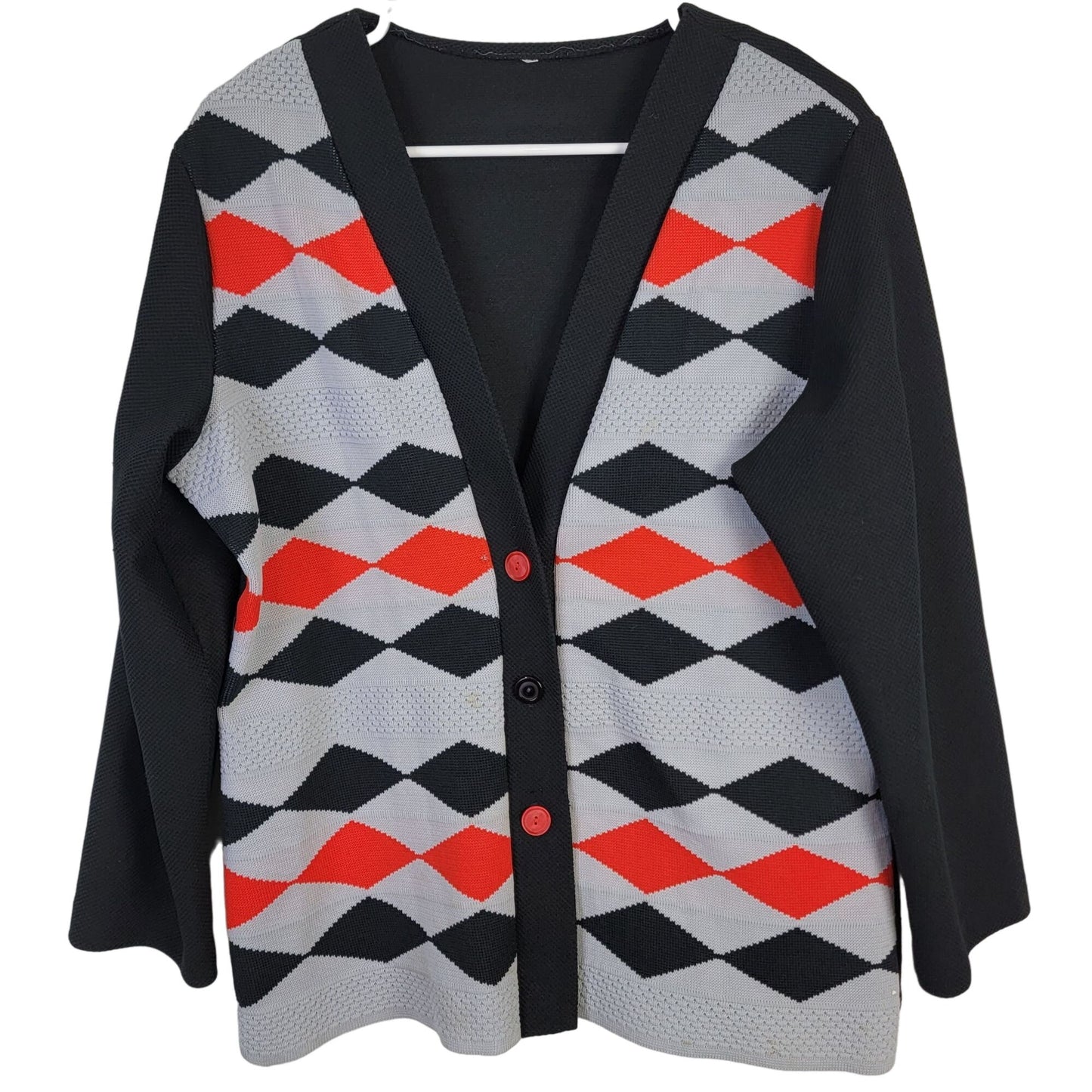 Vintage 60s Cardigan Sweater Women Large Black Red Argyle
