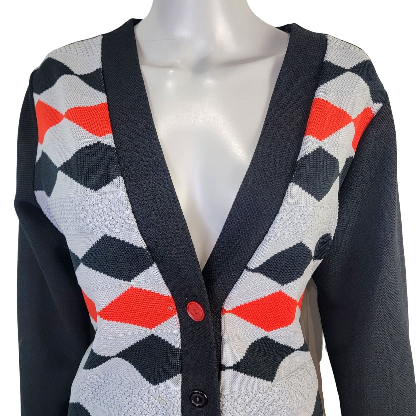 Vintage 60s Cardigan Sweater Women Large Black Red Argyle