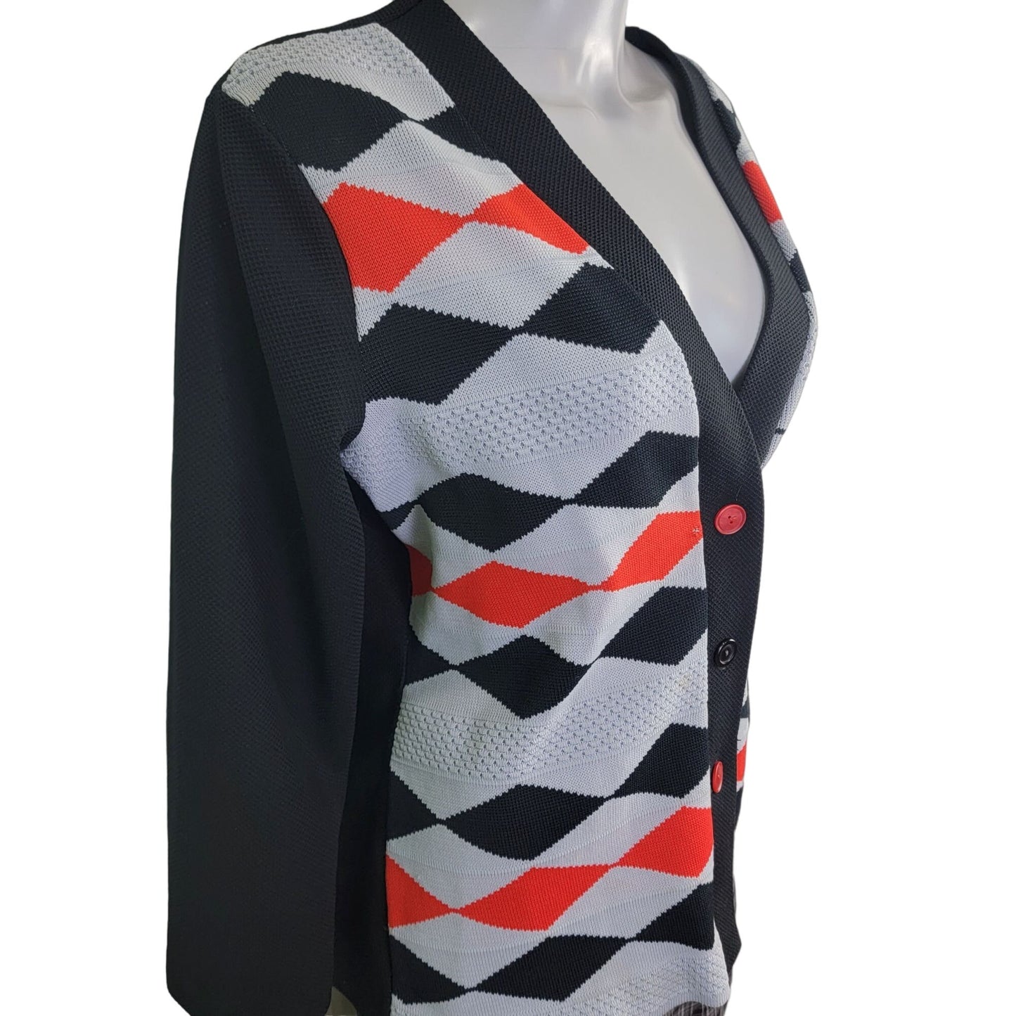 Vintage 60s Cardigan Sweater Women Large Black Red Argyle