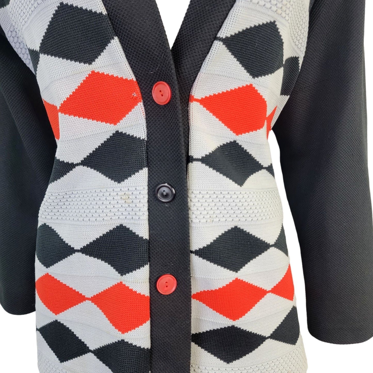 Vintage 60s Cardigan Sweater Women Large Black Red Argyle