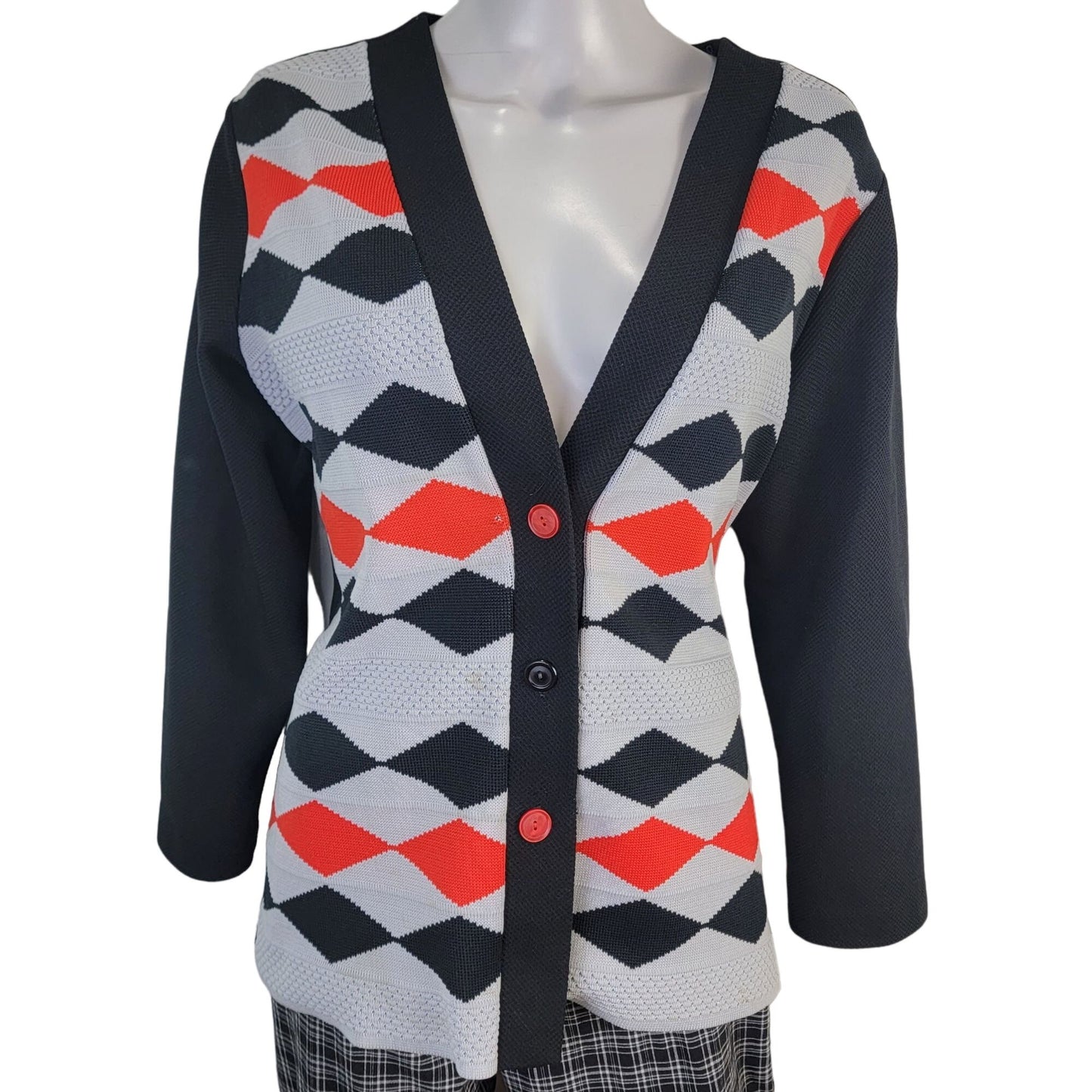 Vintage 60s Cardigan Sweater Women Large Black Red Argyle