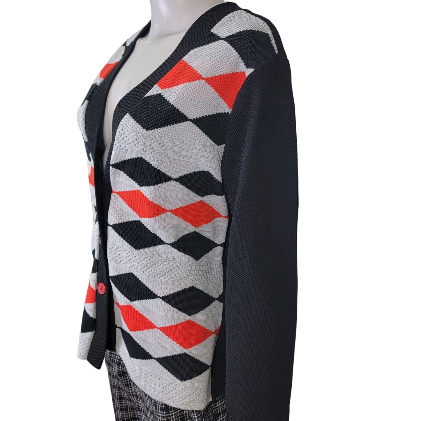 Vintage 60s Cardigan Sweater Women Large Black Red Argyle