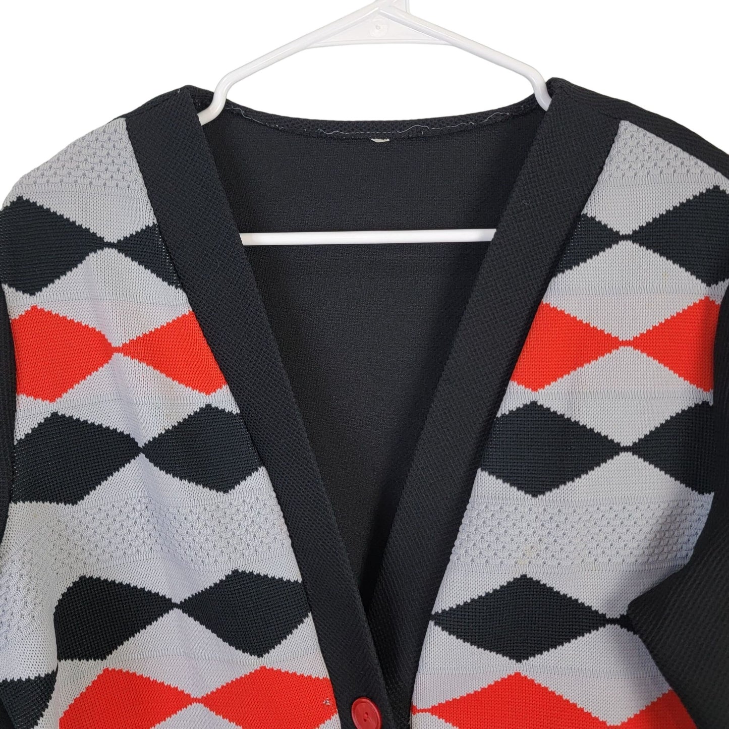 Vintage 60s Cardigan Sweater Women Large Black Red Argyle