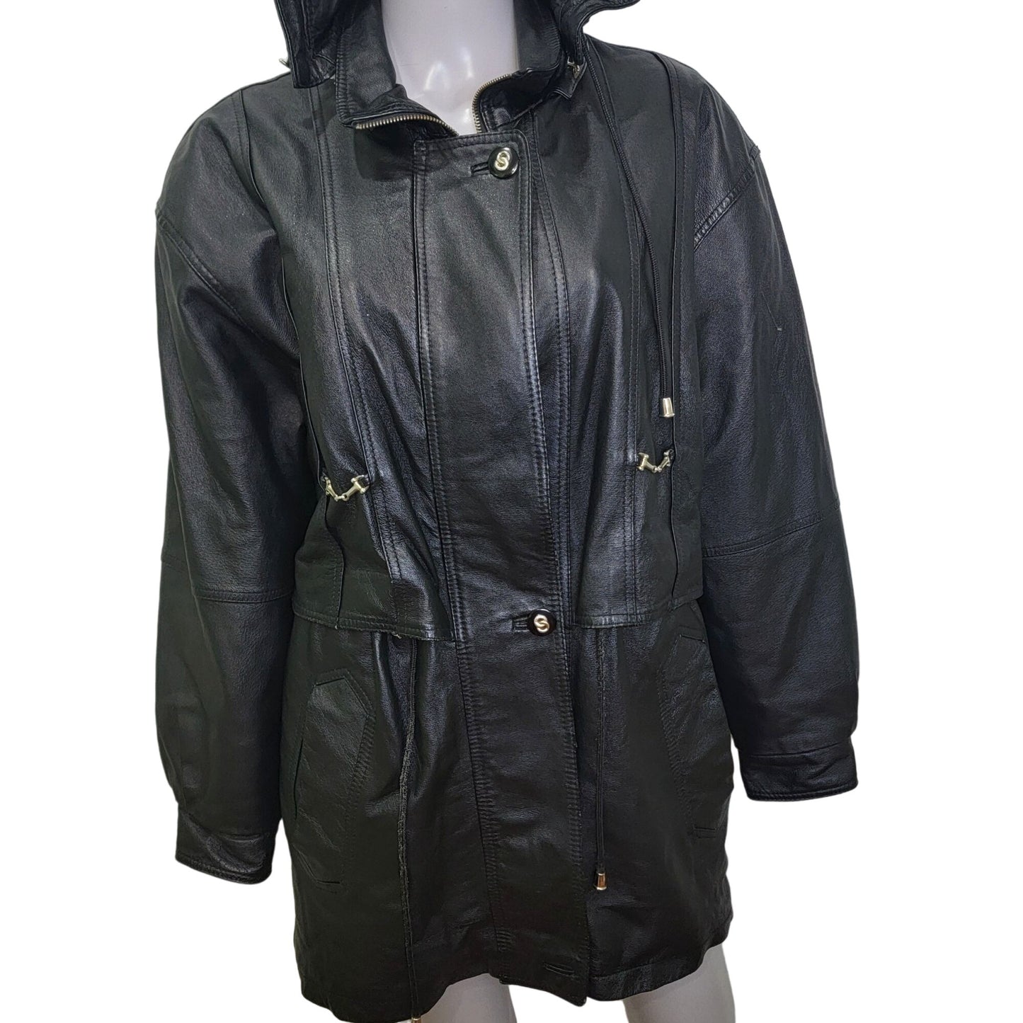 Vintage 80s Leather Jacket Women Small Black Coat Utility Outerwear