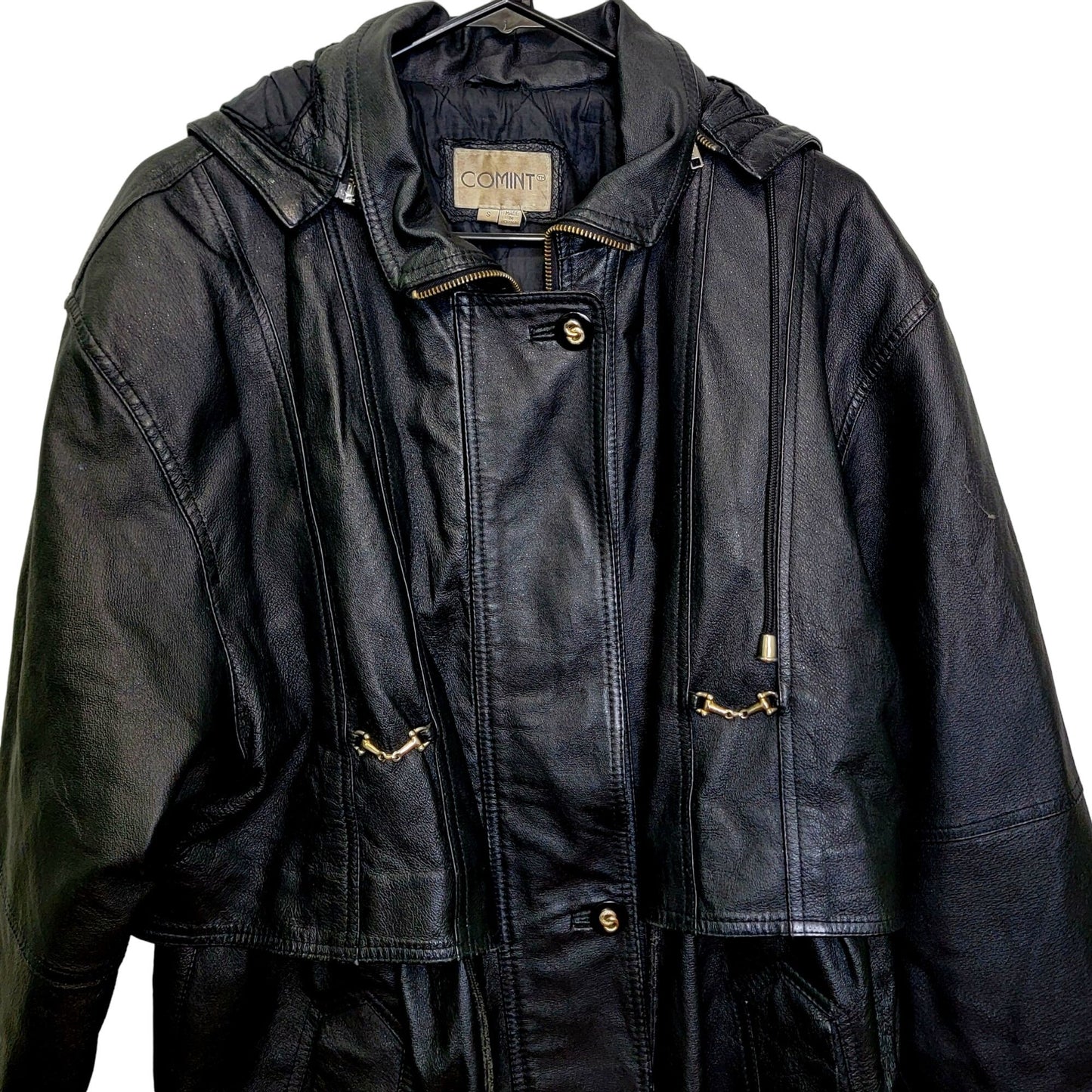Vintage 80s Leather Jacket Women Small Black Coat Utility Outerwear