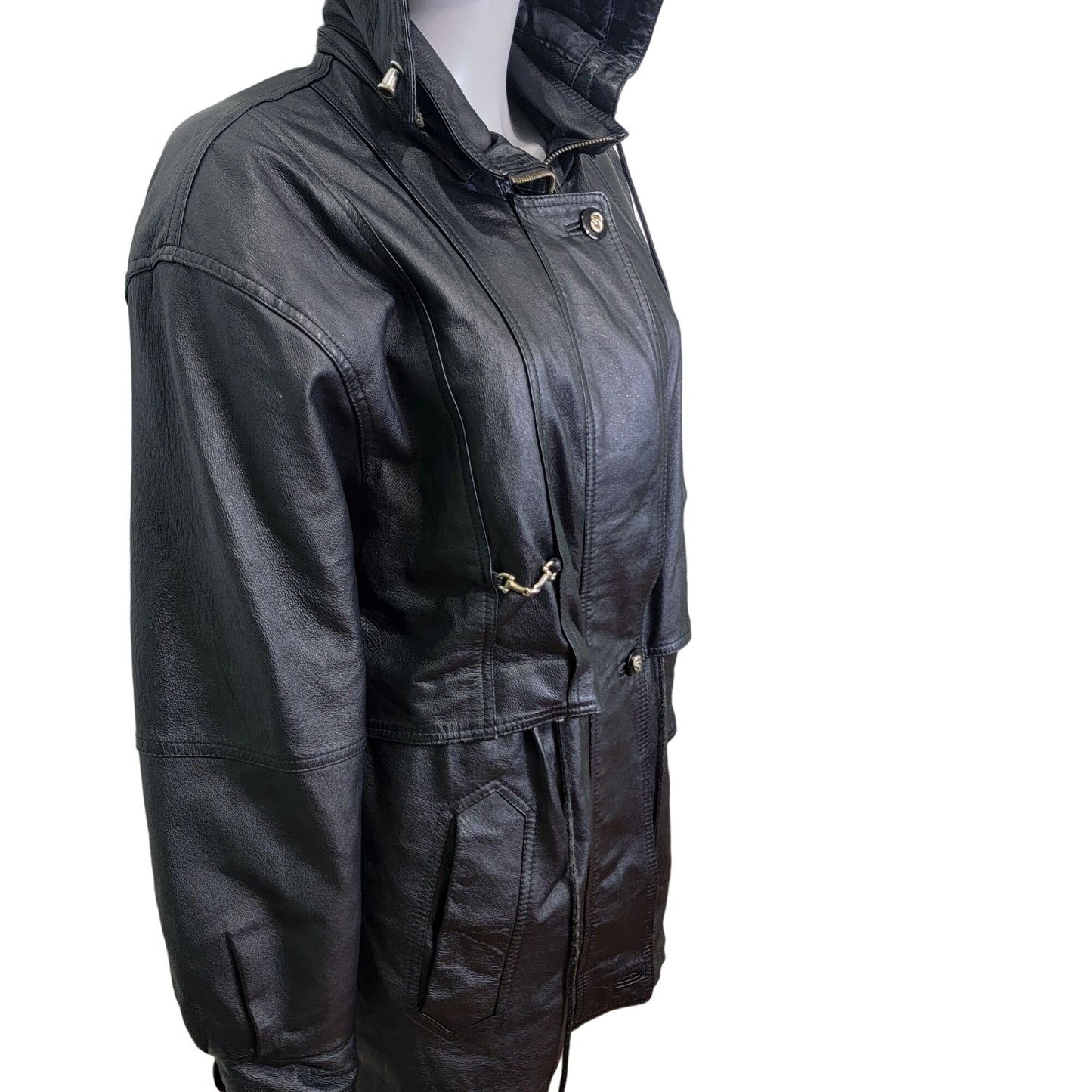 Vintage 80s Leather Jacket Women Small Black Coat Utility Outerwear