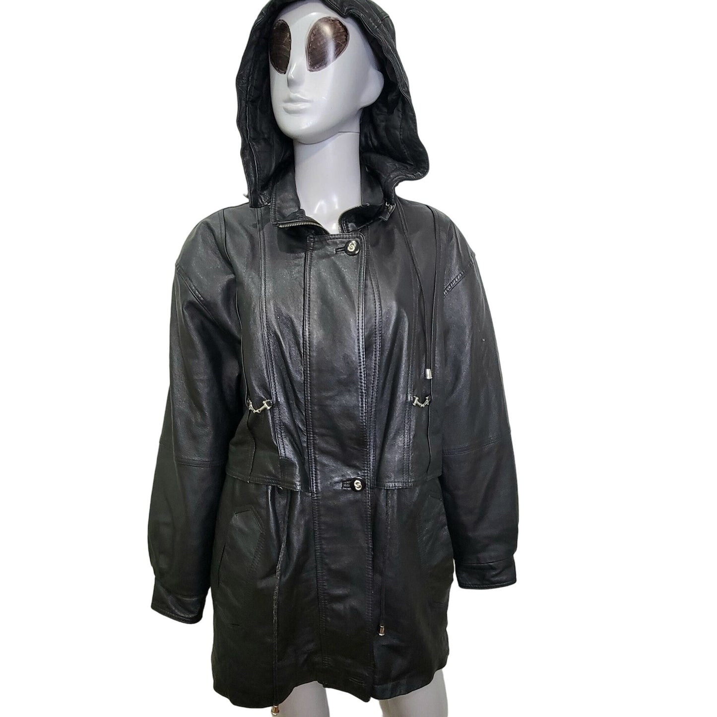Vintage 80s Leather Jacket Women Small Black Coat Utility Outerwear