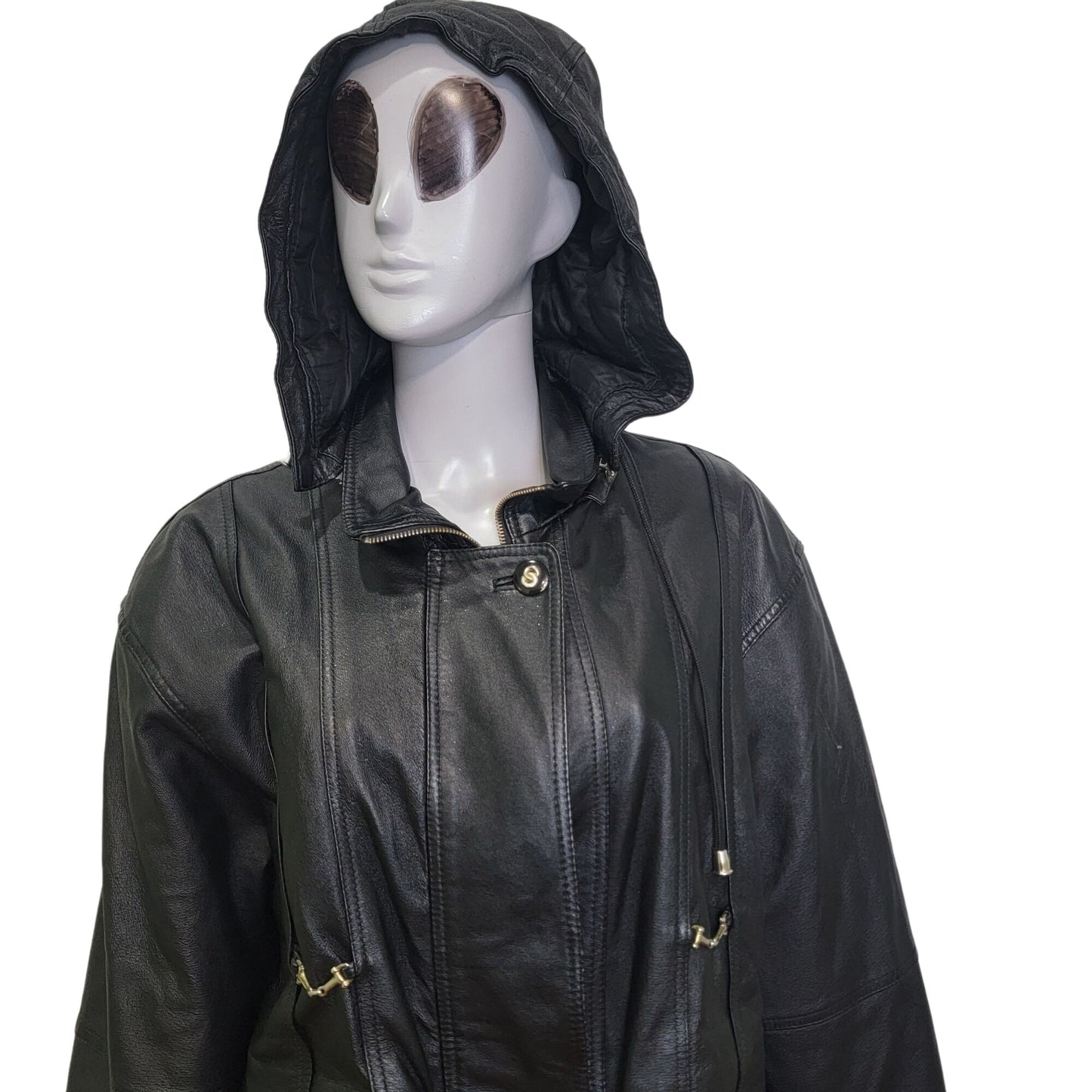 Vintage 80s Leather Jacket Women Small Black Coat Utility Outerwear