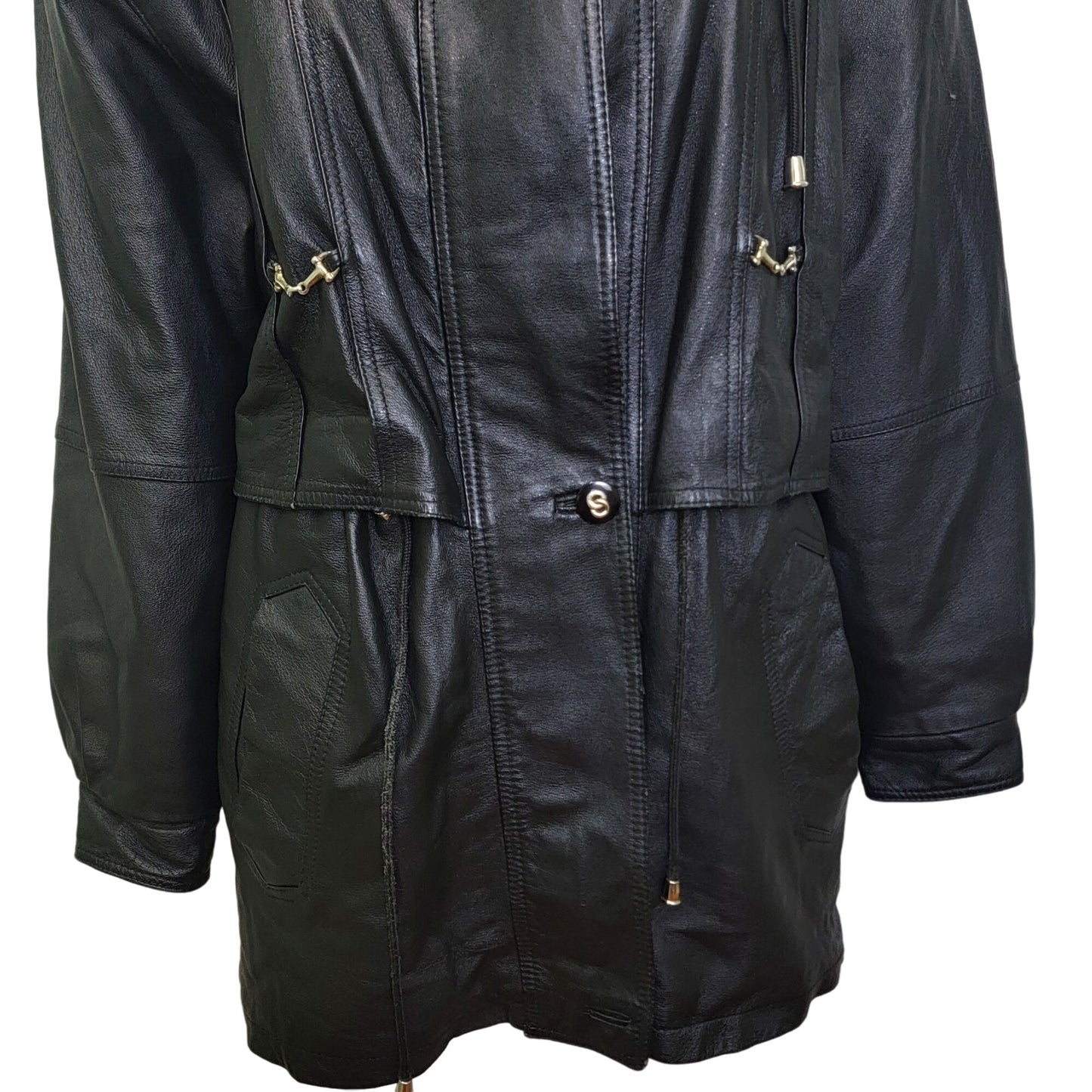 Vintage 80s Leather Jacket Women Small Black Coat Utility Outerwear