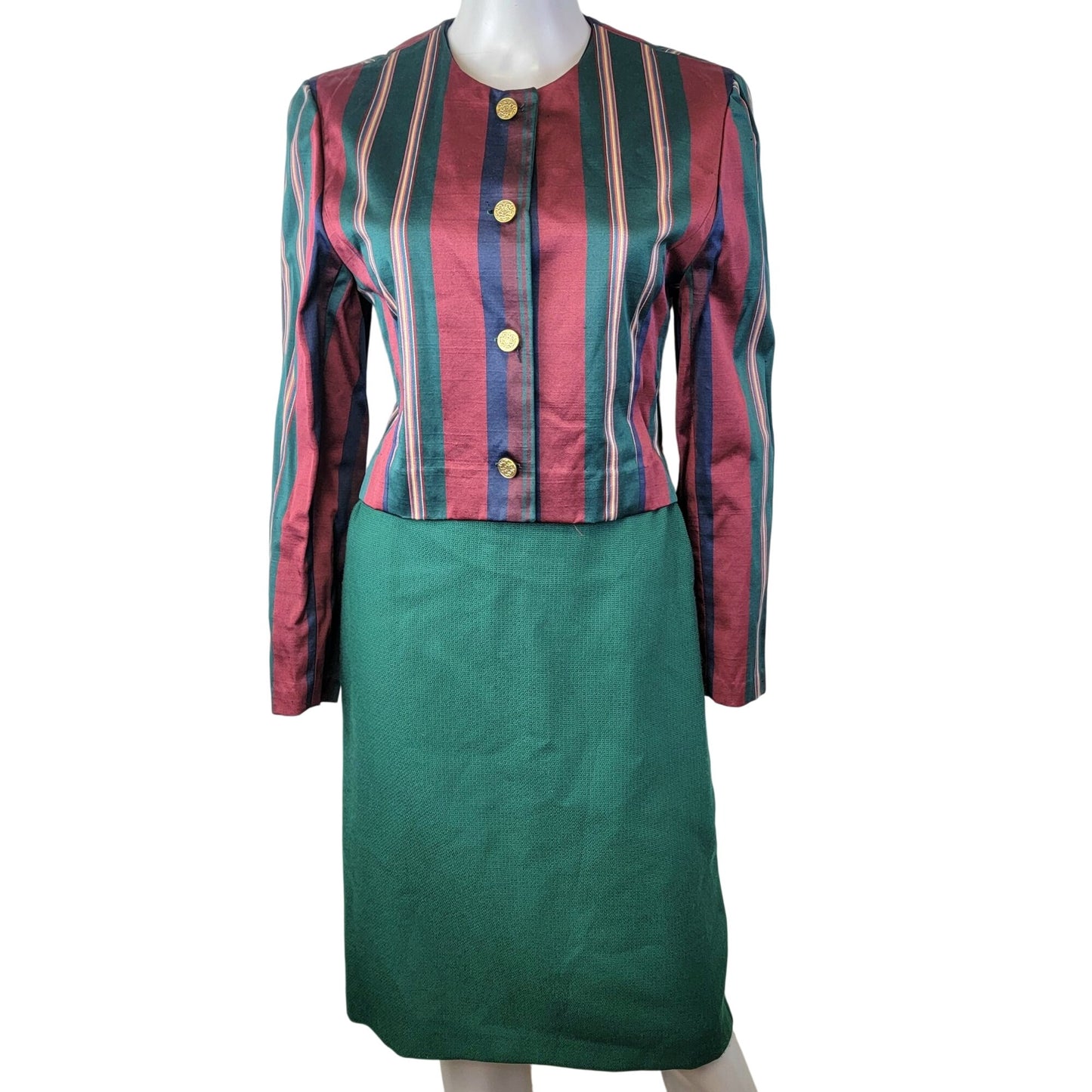 Vintage 90s Suit Set Women Small 4 6 Stripe Blazer Jacket Midi Skirt Green Blue