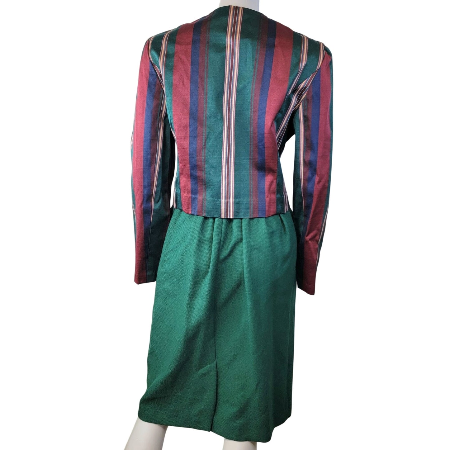 Vintage 90s Suit Set Women Small 4 6 Stripe Blazer Jacket Midi Skirt Green Blue