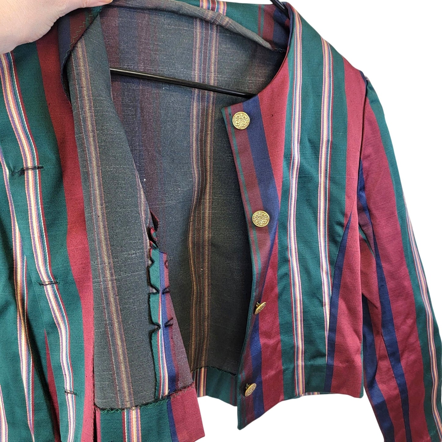 Vintage 90s Suit Set Women Small 4 6 Stripe Blazer Jacket Midi Skirt Green Blue