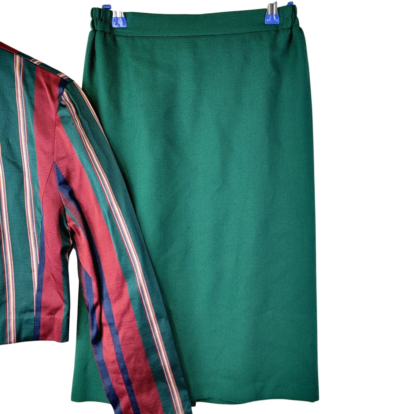 Vintage 90s Suit Set Women Small 4 6 Stripe Blazer Jacket Midi Skirt Green Blue