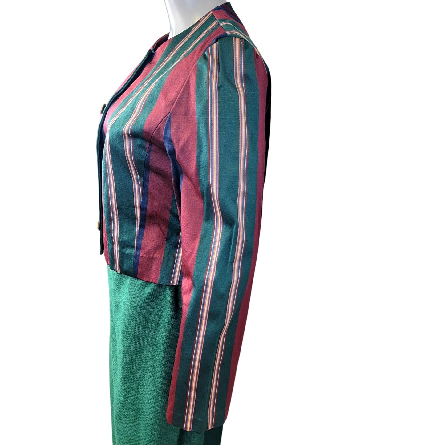 Vintage 90s Suit Set Women Small 4 6 Stripe Blazer Jacket Midi Skirt Green Blue