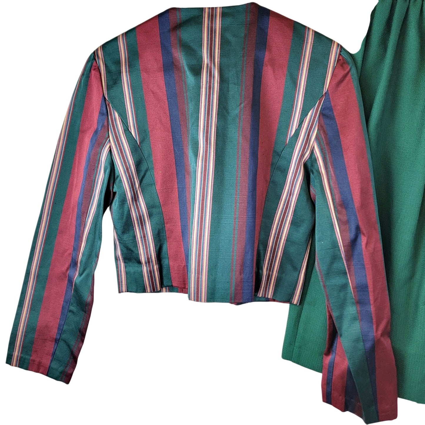 Vintage 90s Suit Set Women Small 4 6 Stripe Blazer Jacket Midi Skirt Green Blue