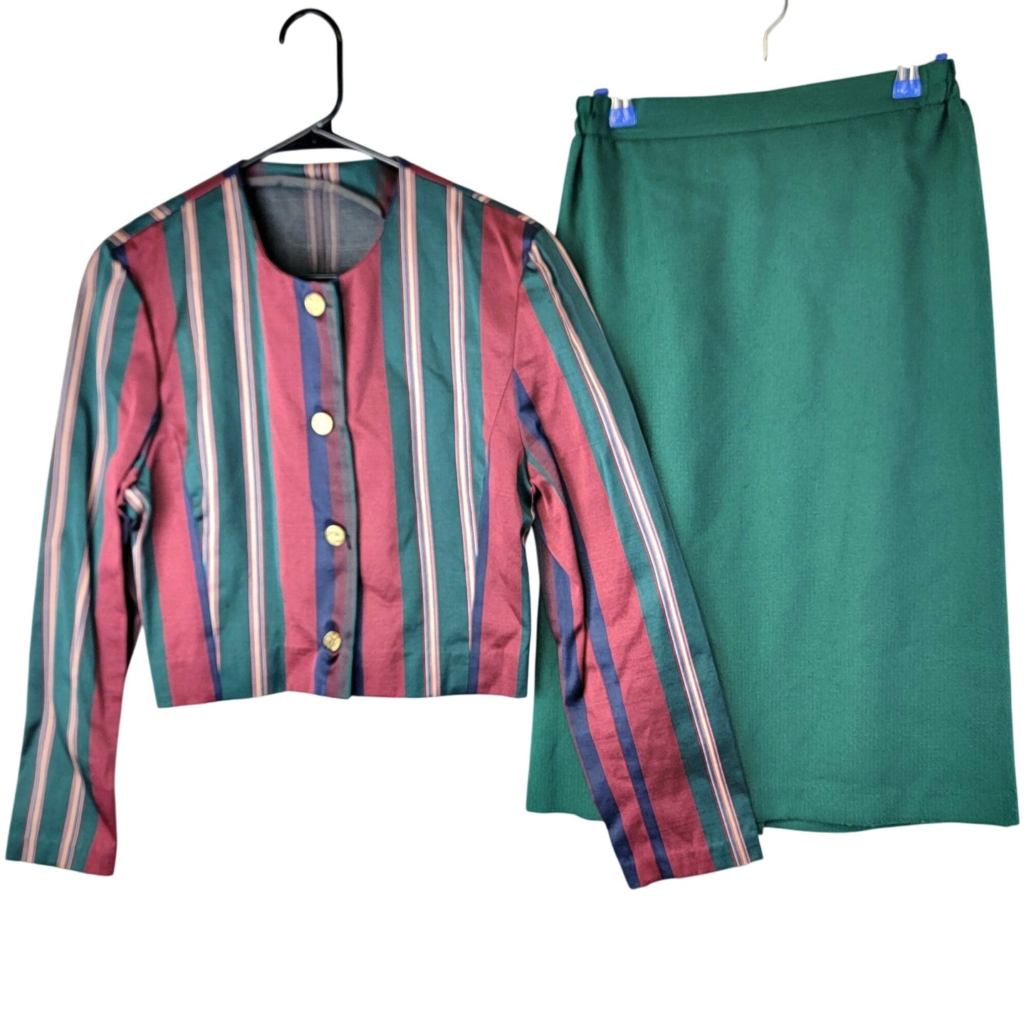 Vintage 90s Suit Set Women Small 4 6 Stripe Blazer Jacket Midi Skirt Green Blue