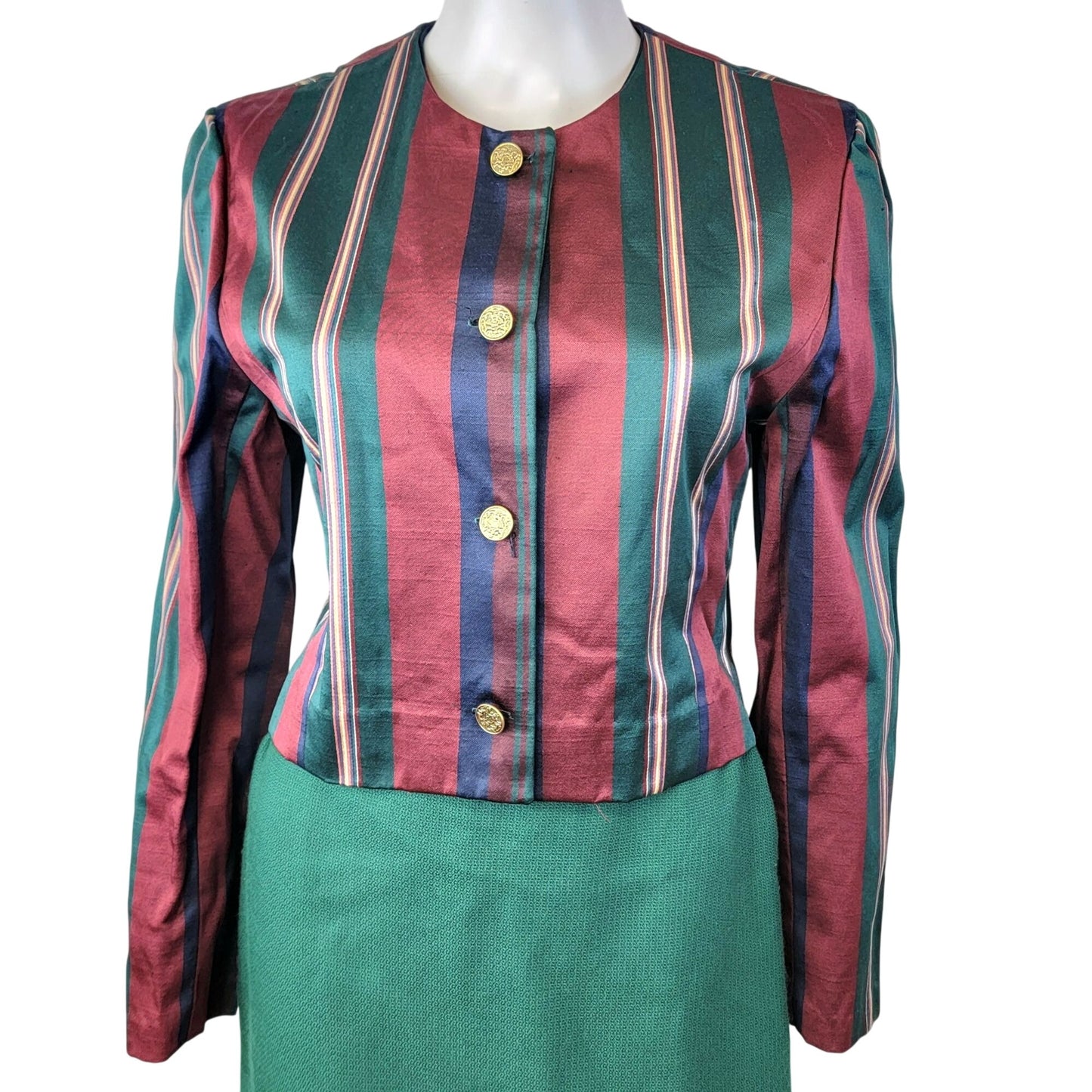Vintage 90s Suit Set Women Small 4 6 Stripe Blazer Jacket Midi Skirt Green Blue