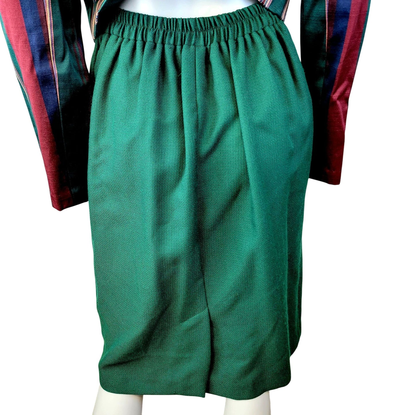 Vintage 90s Suit Set Women Small 4 6 Stripe Blazer Jacket Midi Skirt Green Blue