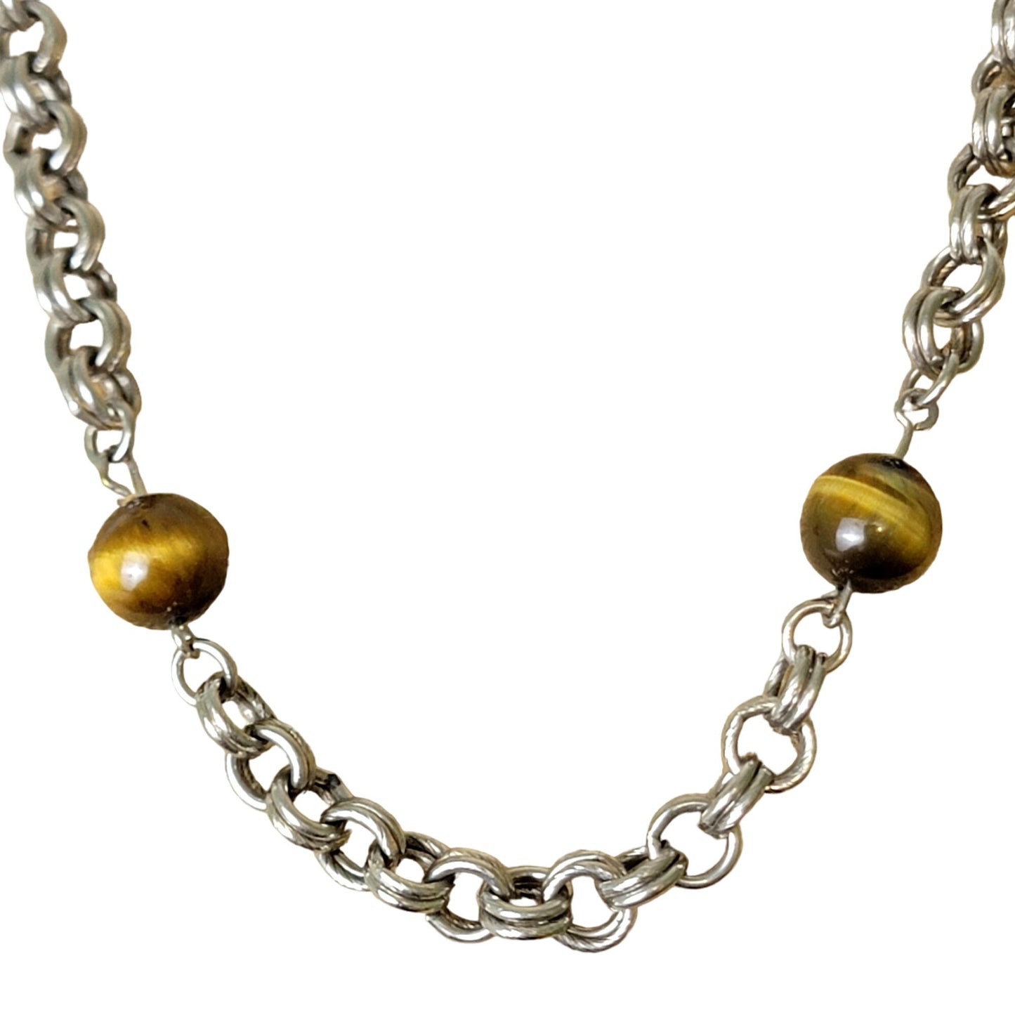 Vintage 80s Tigers Eye Bead Chain Necklace Women Silver Jewelry