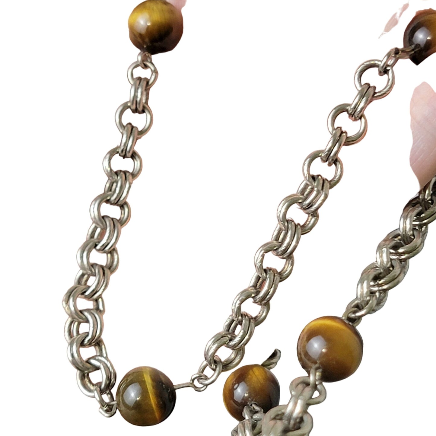 Vintage 80s Tigers Eye Bead Chain Necklace Women Silver Jewelry