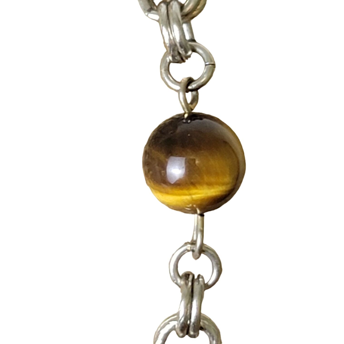 Vintage 80s Tigers Eye Bead Chain Necklace Women Silver Jewelry
