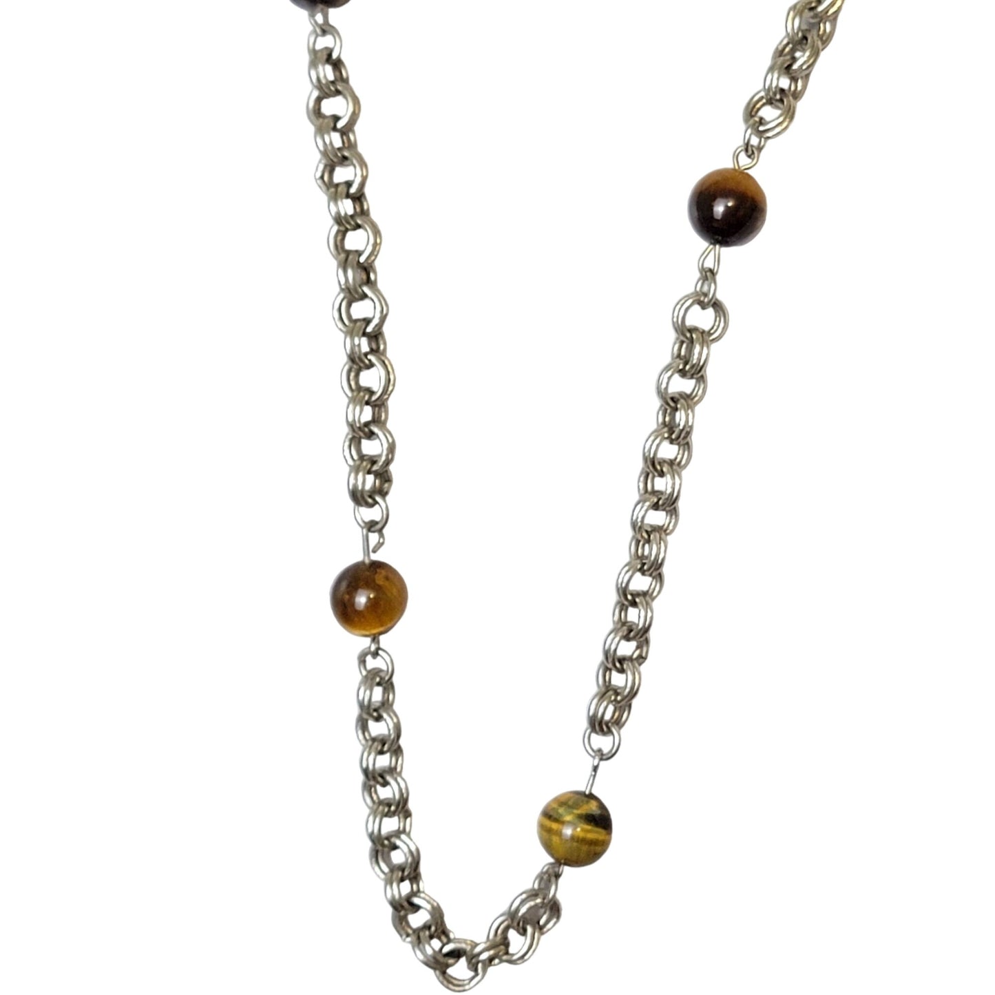 Vintage 80s Tigers Eye Bead Chain Necklace Women Silver Jewelry