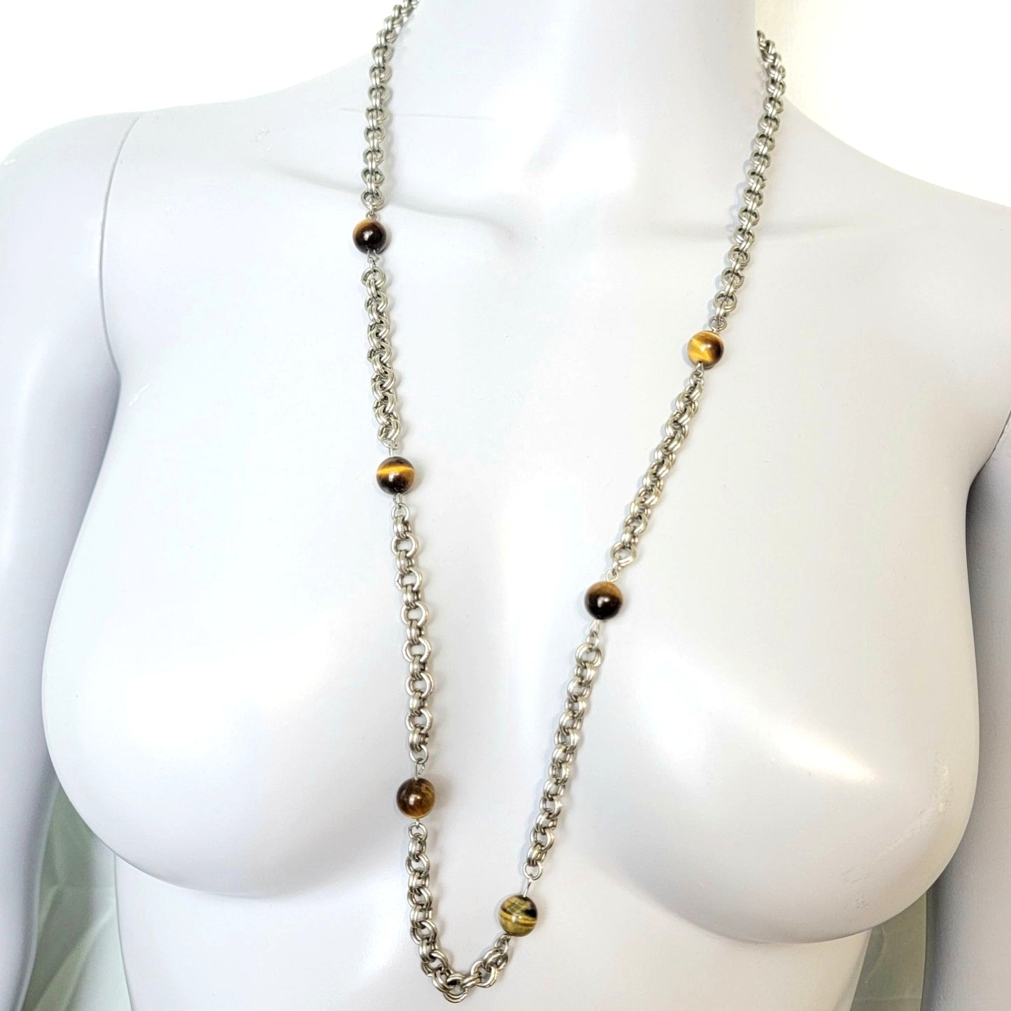 Vintage 80s Tigers Eye Bead Chain Necklace Women Silver Jewelry