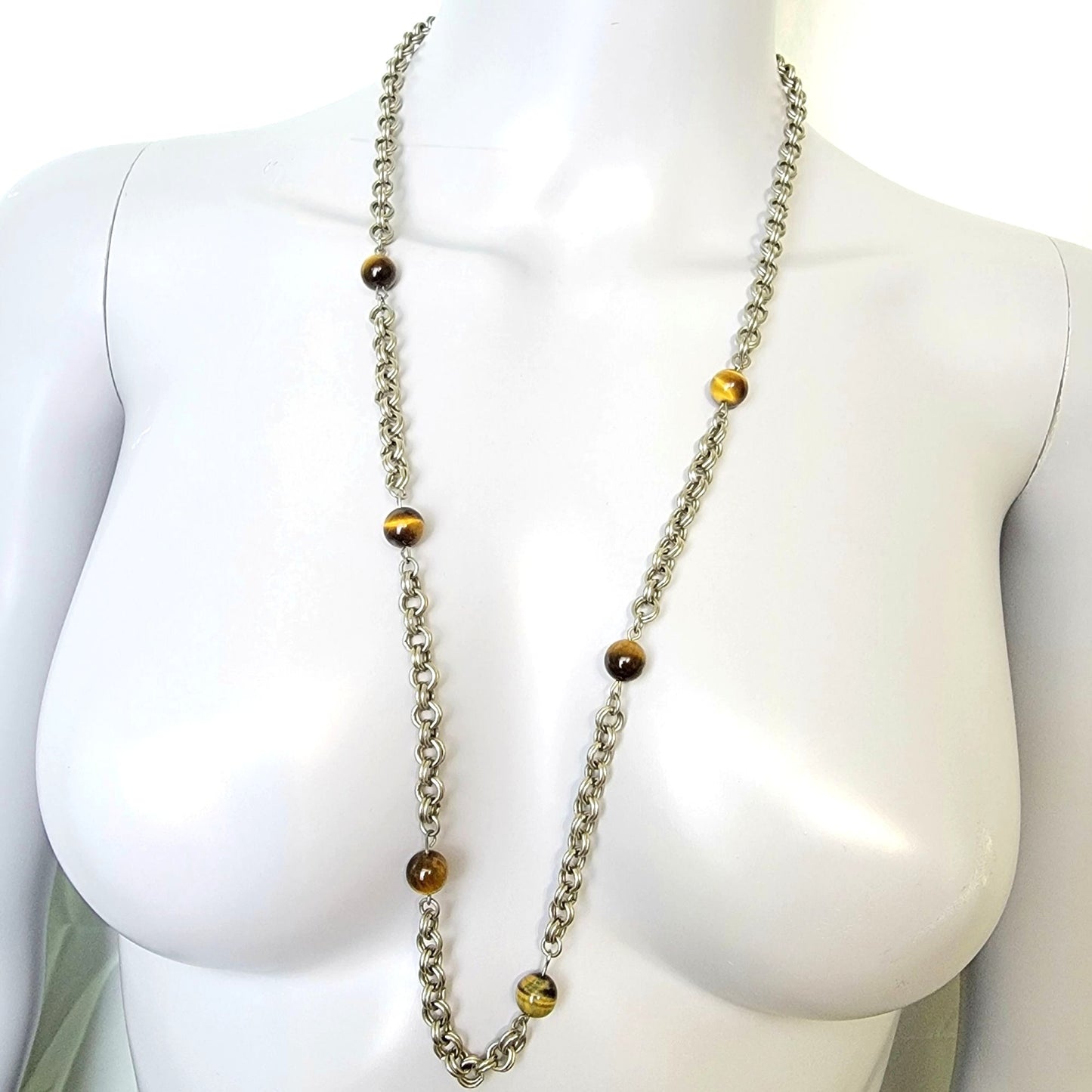 Vintage 80s Tigers Eye Bead Chain Necklace Women Silver Jewelry