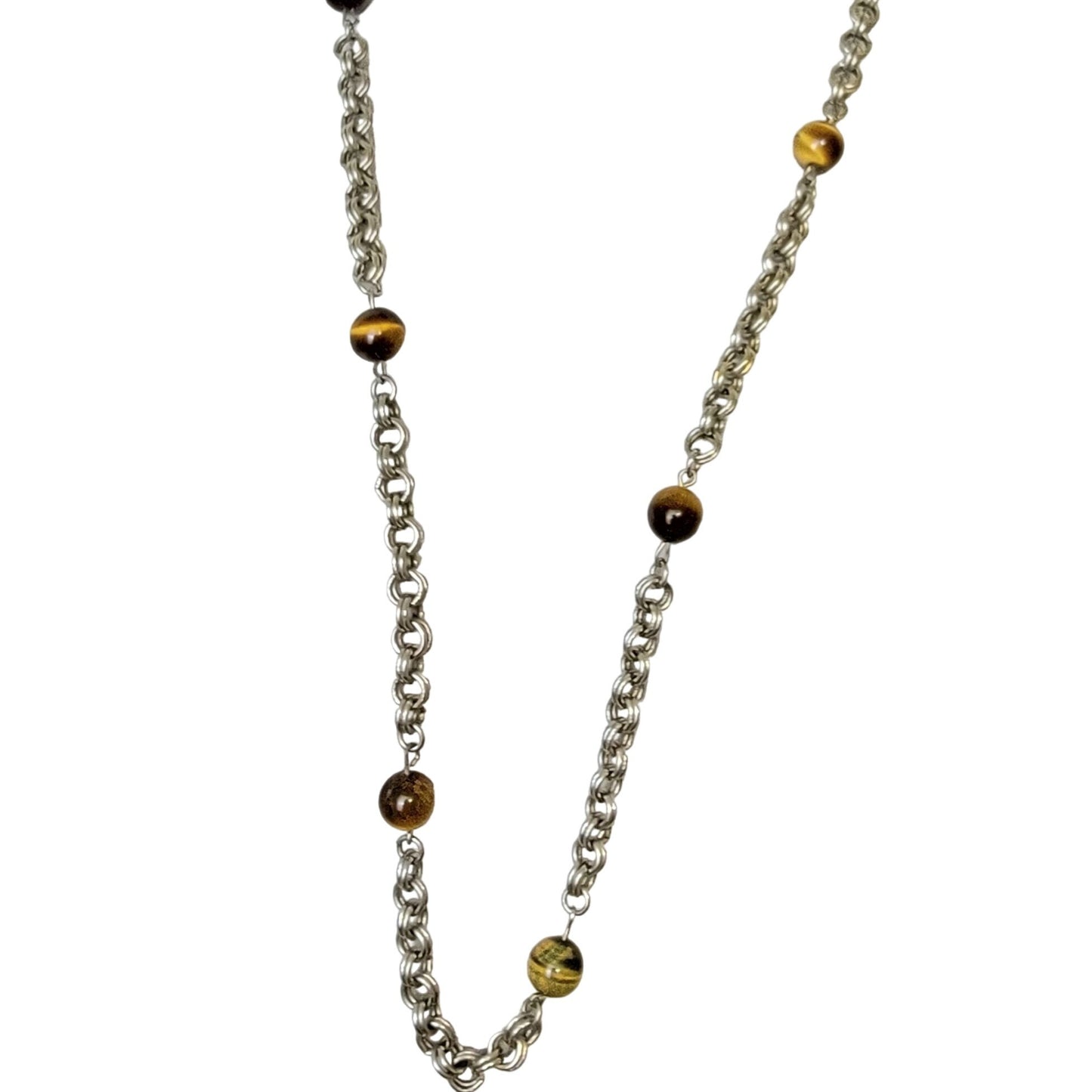 Vintage 80s Tigers Eye Bead Chain Necklace Women Silver Jewelry