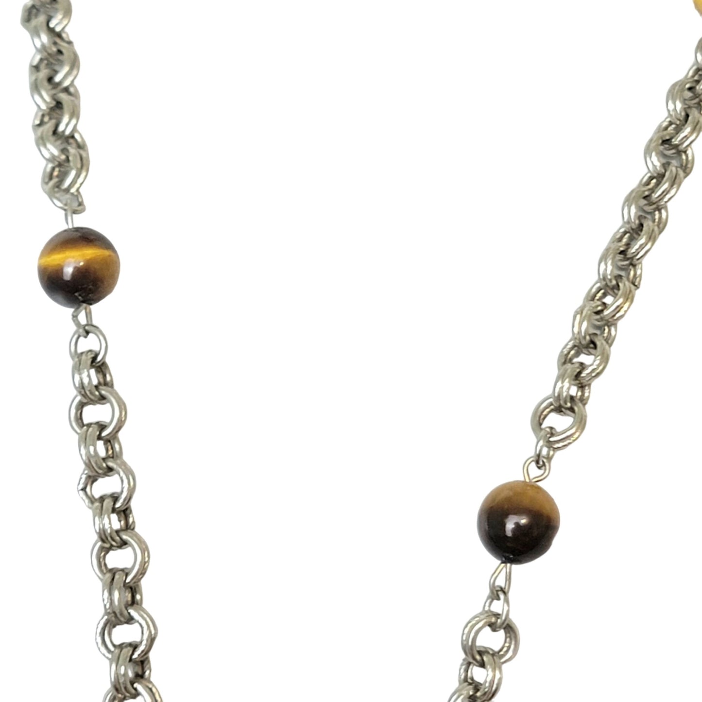 Vintage 80s Tigers Eye Bead Chain Necklace Women Silver Jewelry