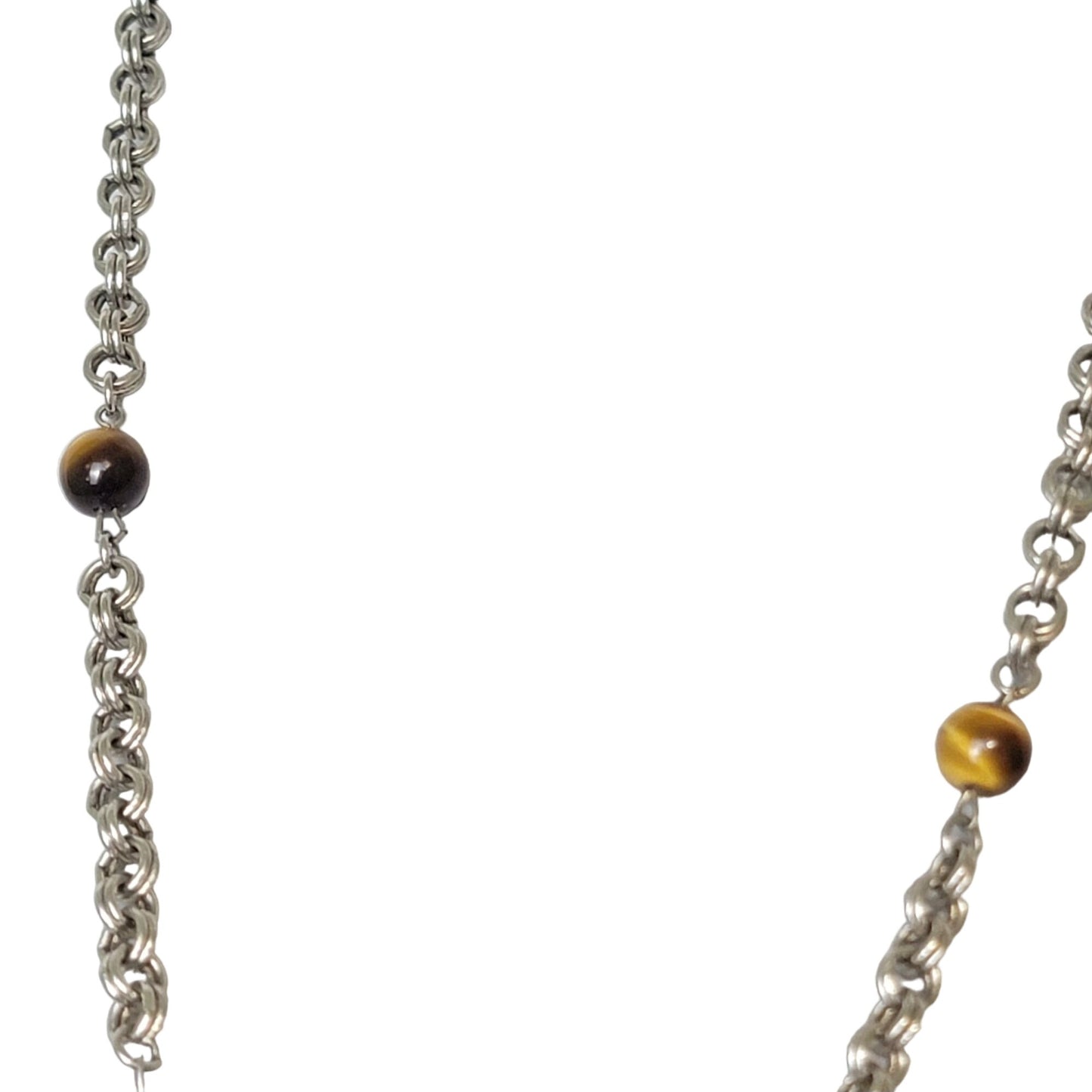 Vintage 80s Tigers Eye Bead Chain Necklace Women Silver Jewelry