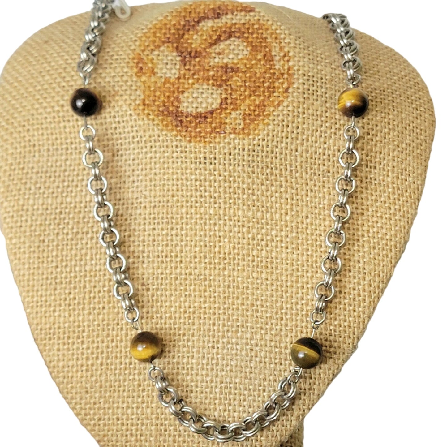 Vintage 80s Tigers Eye Bead Chain Necklace Women Silver Jewelry