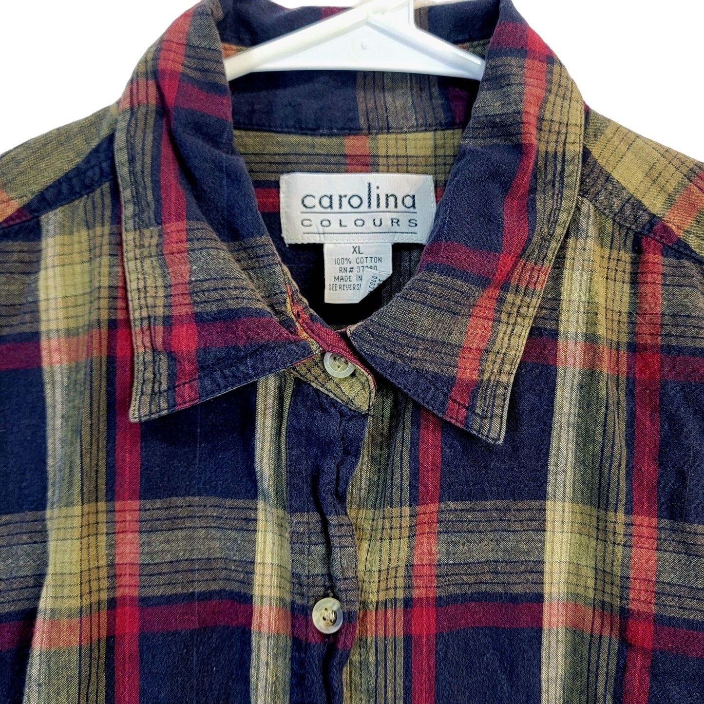 Vintage 90s Plaid Long Button Shirt Women XL Collar Top Navy Red