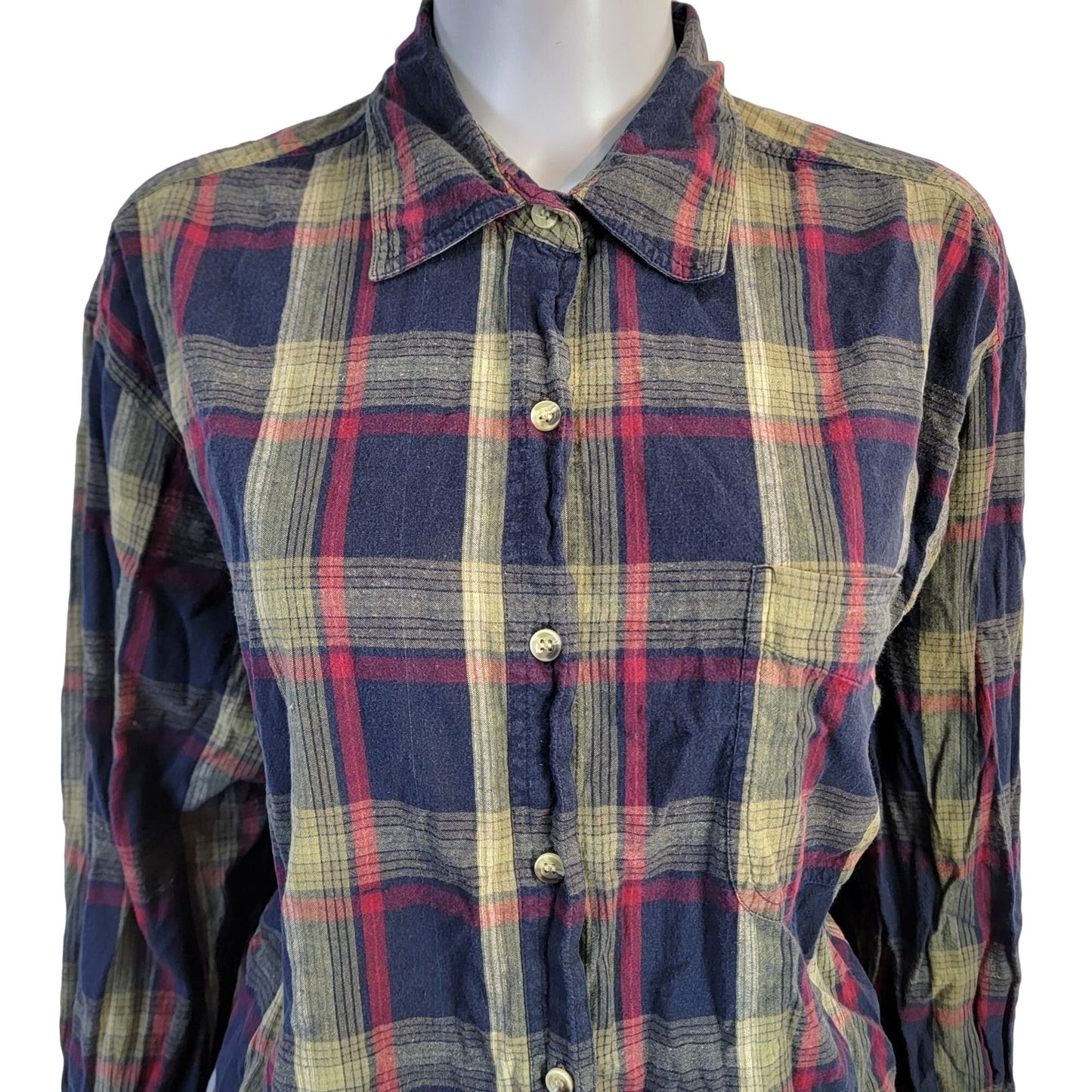 Vintage 90s Plaid Long Button Shirt Women XL Collar Top Navy Red