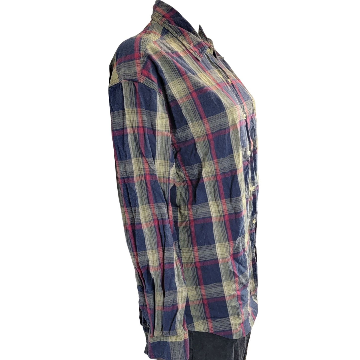 Vintage 90s Plaid Long Button Shirt Women XL Collar Top Navy Red