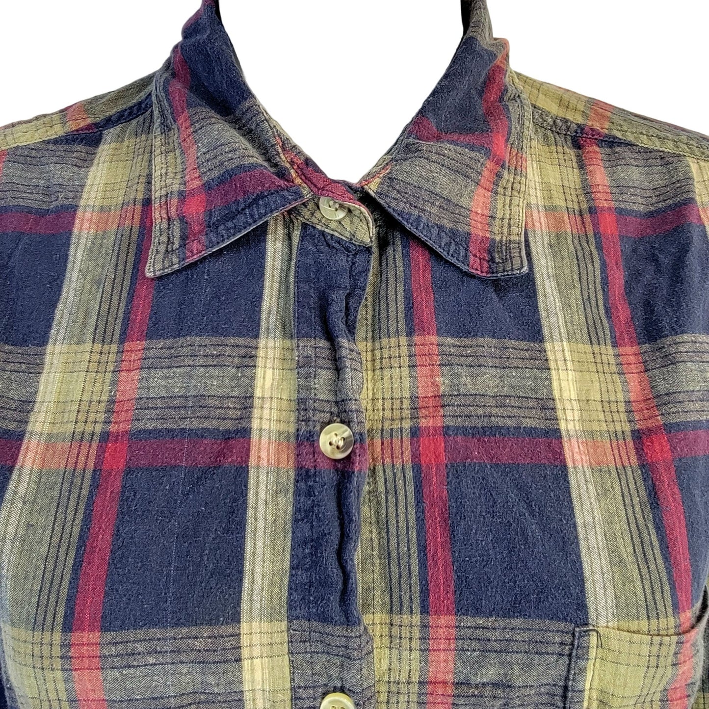 Vintage 90s Plaid Long Button Shirt Women XL Collar Top Navy Red
