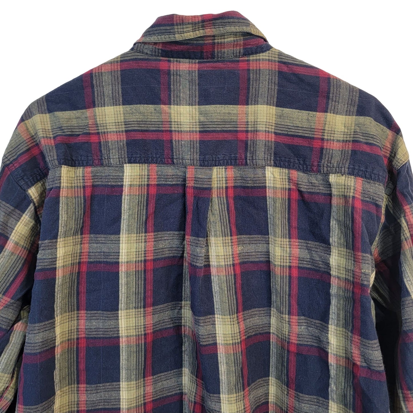 Vintage 90s Plaid Long Button Shirt Women XL Collar Top Navy Red