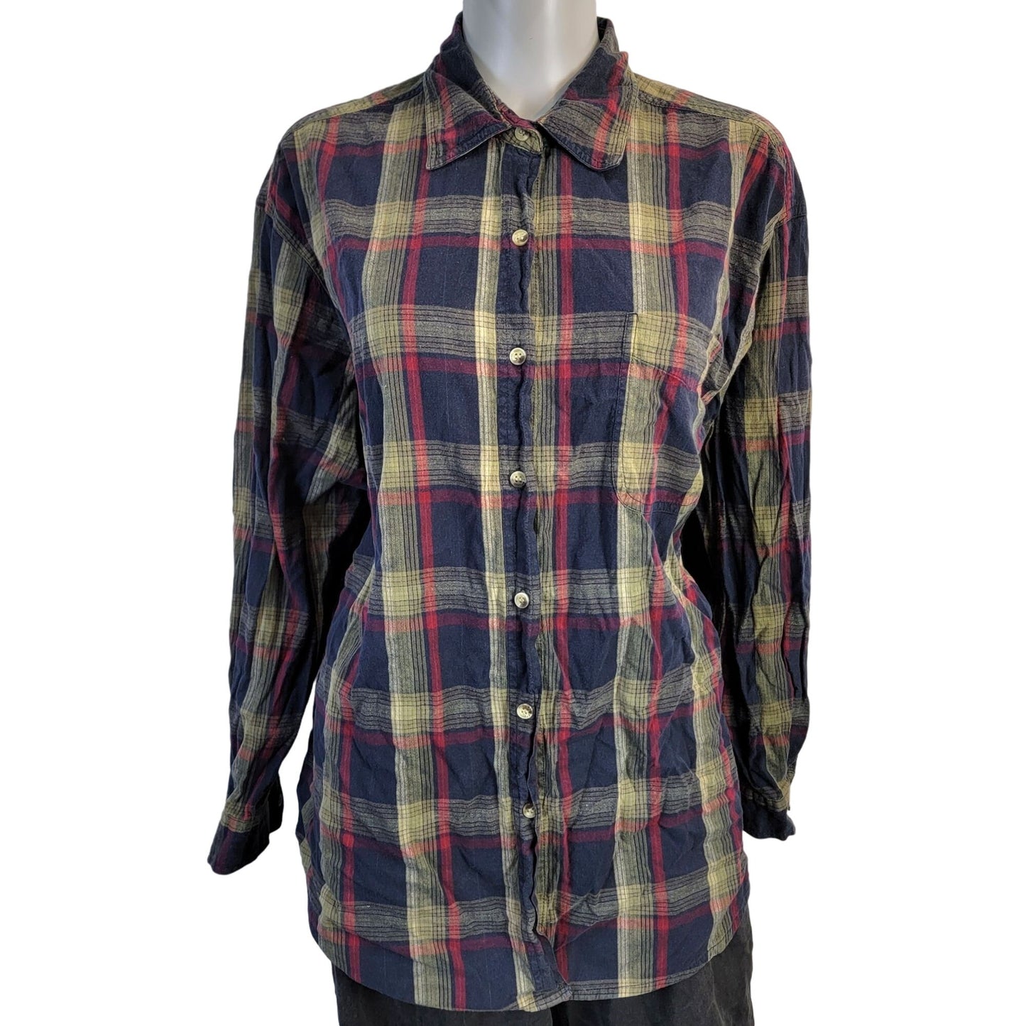 Vintage 90s Plaid Long Button Shirt Women XL Collar Top Navy Red