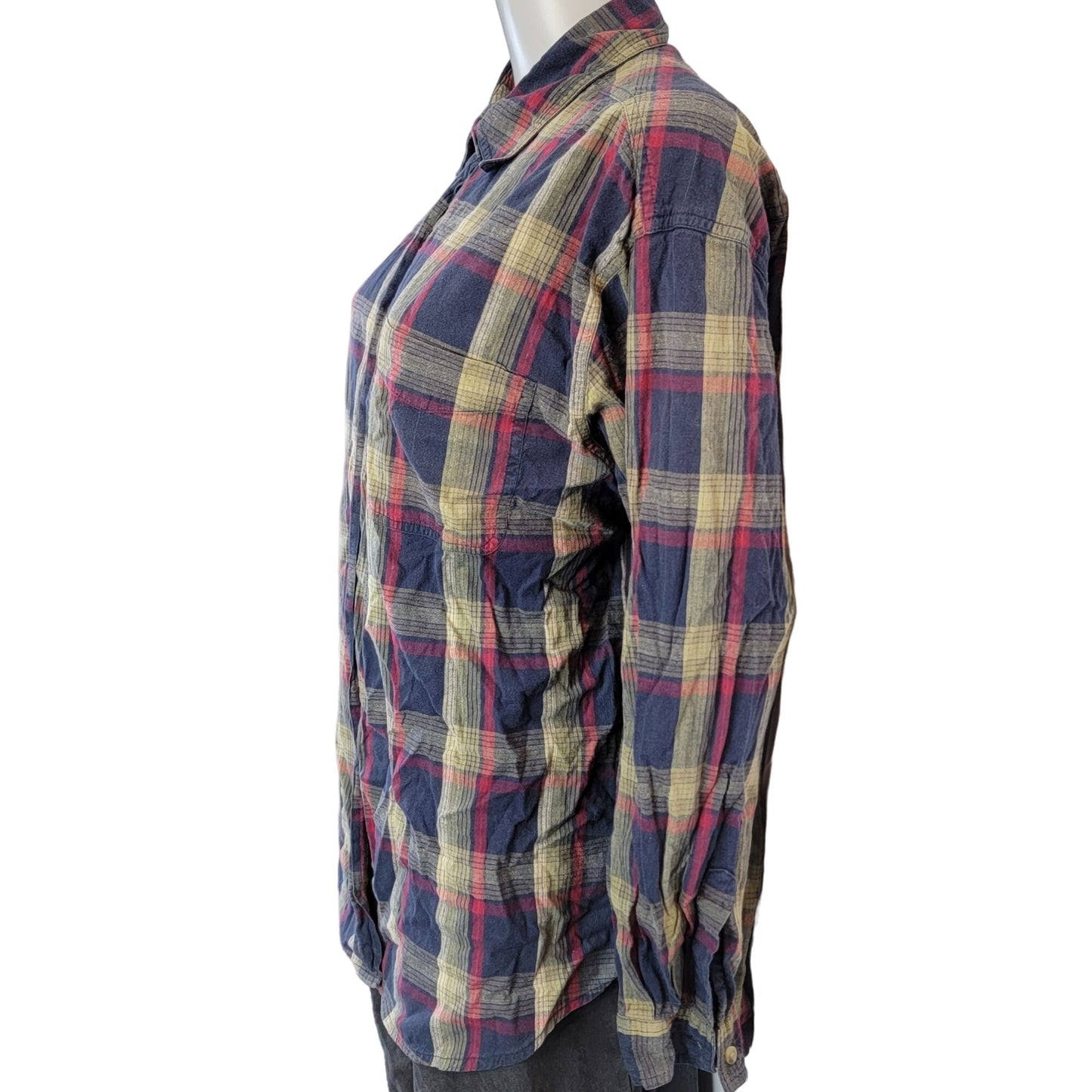Vintage 90s Plaid Long Button Shirt Women XL Collar Top Navy Red