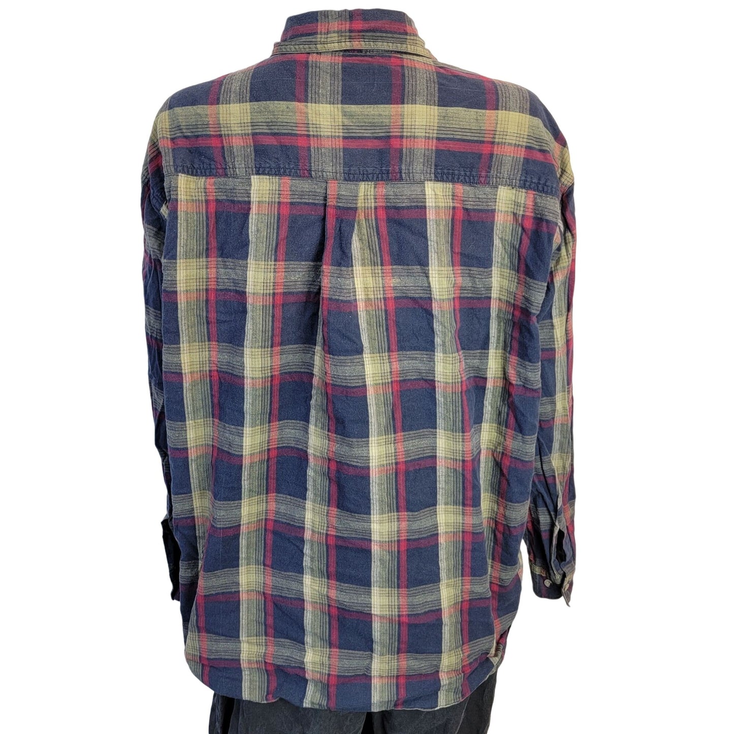 Vintage 90s Plaid Long Button Shirt Women XL Collar Top Navy Red