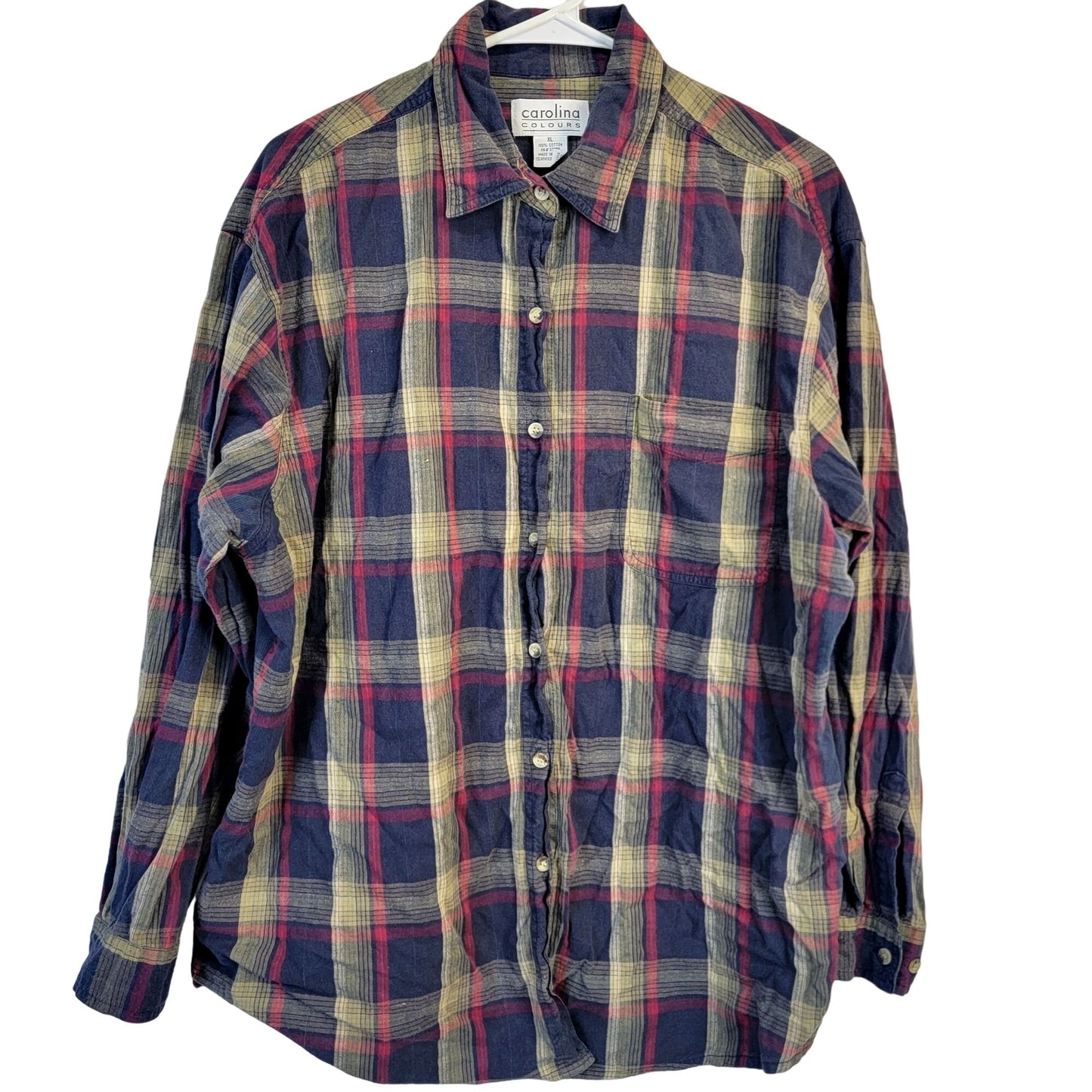 Vintage 90s Plaid Long Button Shirt Women XL Collar Top Navy Red