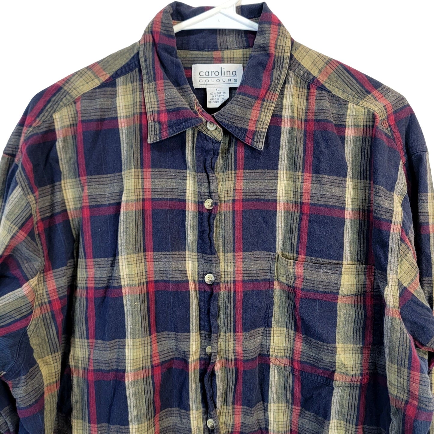 Vintage 90s Plaid Long Button Shirt Women XL Collar Top Navy Red