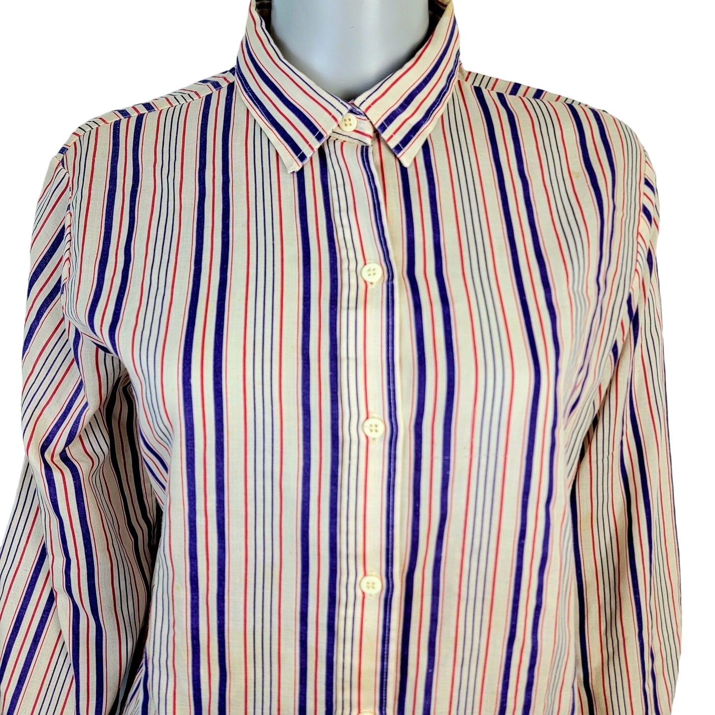 Vintage 70s Stripe Shirt Women Medium Button Blouse Red Blue Beige