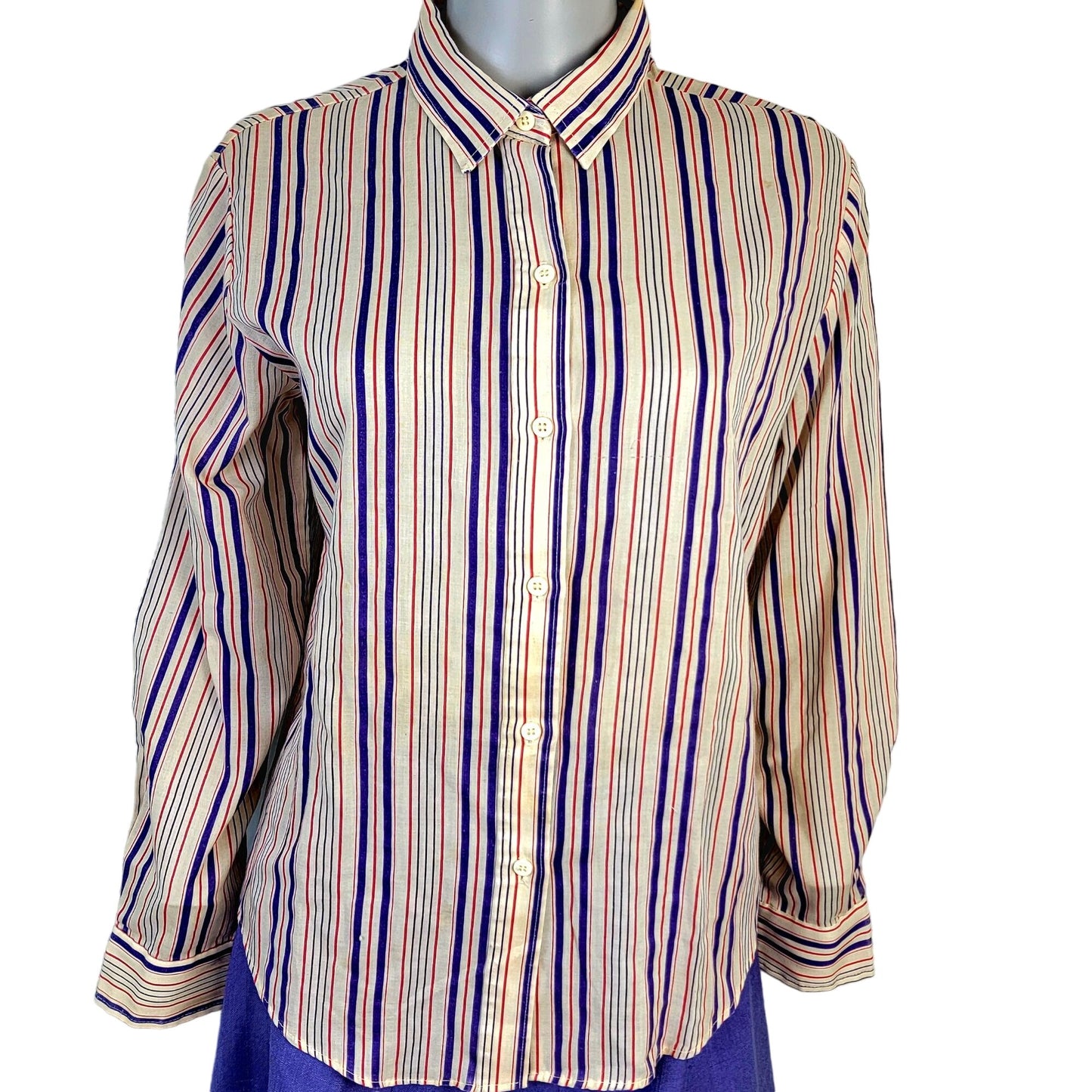 Vintage 70s Stripe Shirt Women Medium Button Blouse Red Blue Beige