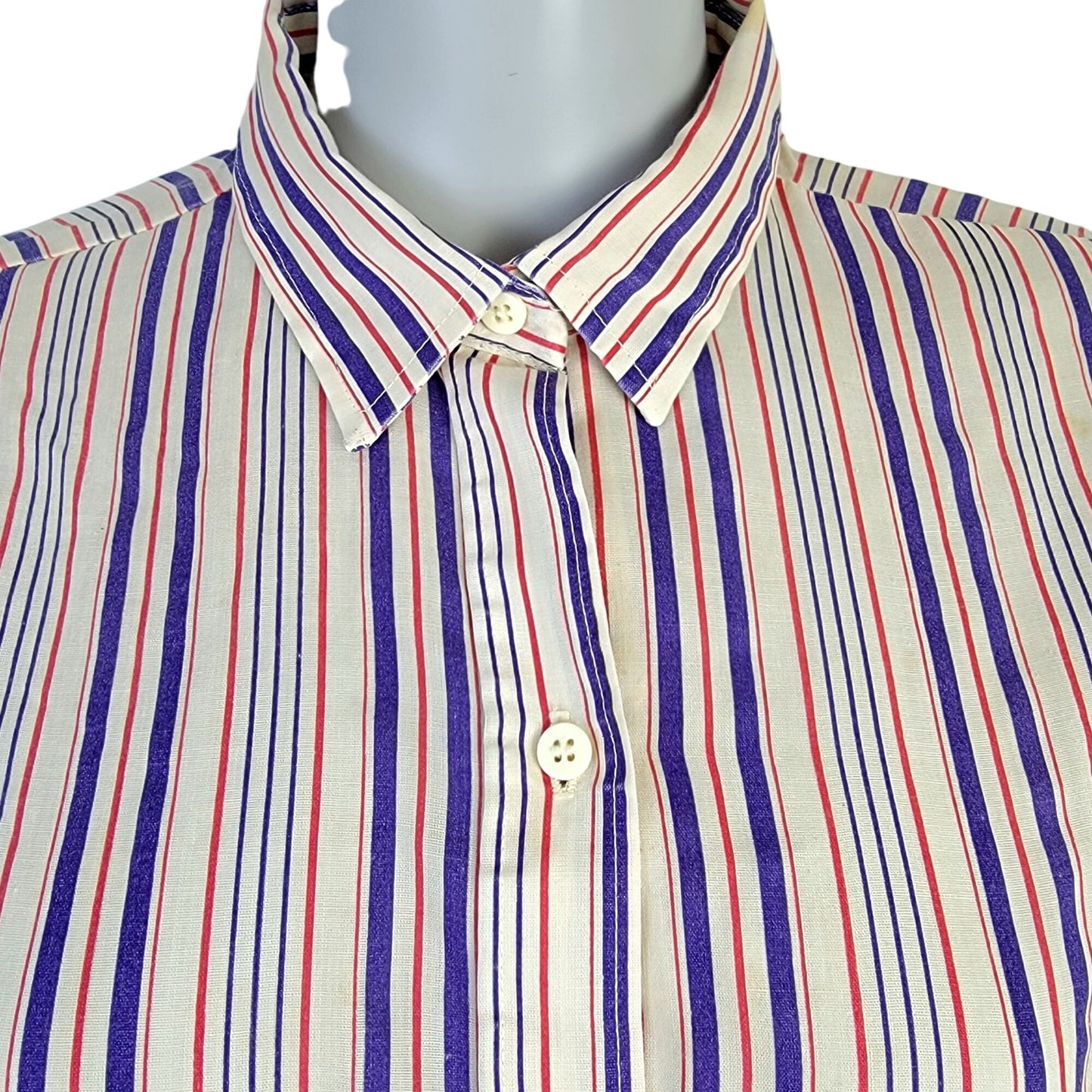 Vintage 70s Stripe Shirt Women Medium Button Blouse Red Blue Beige