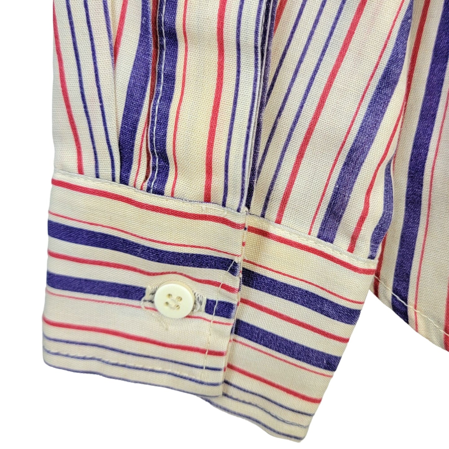 Vintage 70s Stripe Shirt Women Medium Button Blouse Red Blue Beige